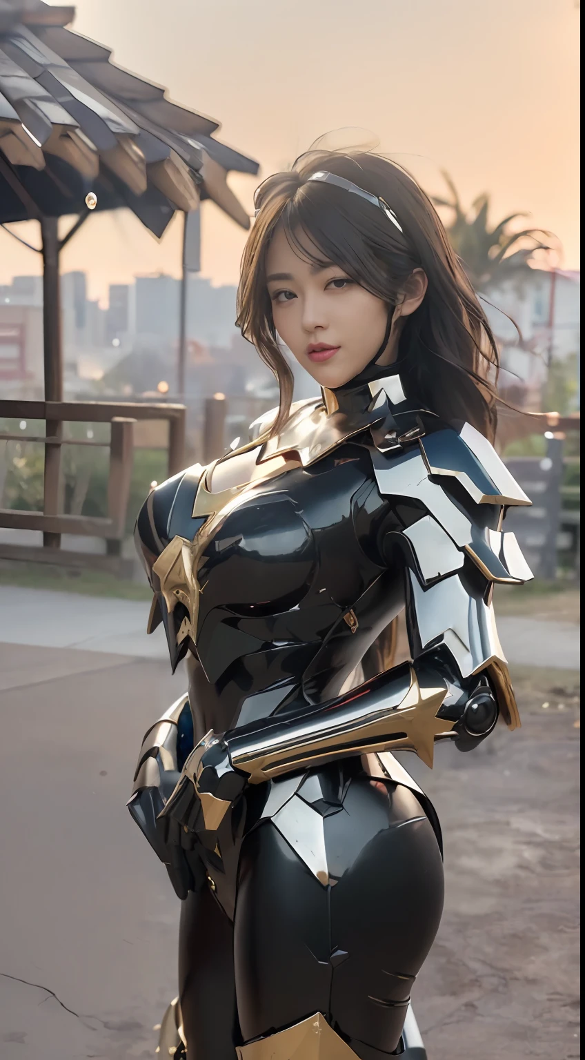 ((top-quality、8K、masterpiece:1.3))、(((The whole picture、FULL BODYSHOT)))、no-makeup、Teen Girls、1girl in、japanaese girl、(Slender figure:1.2)、silber hair、look at a camera、Audience-friendly、(((outside of house、城市、natta、battle suits、Black rubber suit:1.3、Black Cybersuit:1.8、gold cross、Reflectors、Metallic red luster、Blue Metal Mechanical Armor:1.6、Full metal body、Electronics)))、Headband with communication device、(((hyperdetailed face、Detailed lips、A detailed eye、Clear eyes、二重まぶた)))、(Sagging huge chest on the verge of bursting,,,,:1.5、Colossal tits:1.5、Sensual body lines:1.8、Feminine body line:1.5、Accentuated cleavage:1.5、Ultra Deep V-Neck、large udder with overhang,,,,:1.5)、(((fighting poses:1.6、long boots、cloaks、With weapons:1.8、Great Sword of Light)))