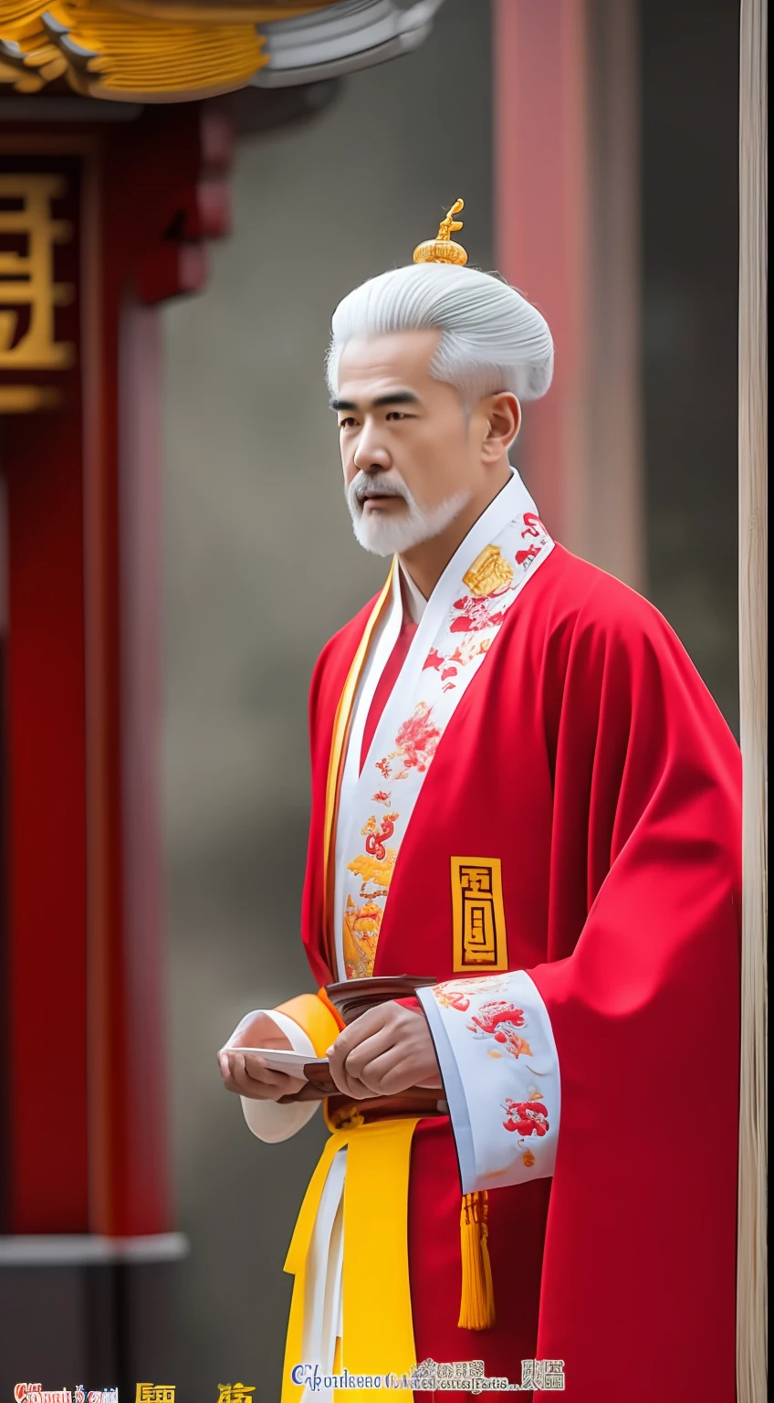 Masterpiece, Highest quality, (solofocus),, (High detail: 1.1),dojo,Red and yellow robes,The male, Man, chinese crown, 1人,and white hair,超高分辨率 , Detailed background, realisticlying, wearing a detailed and intricate xianxia antique outfit
