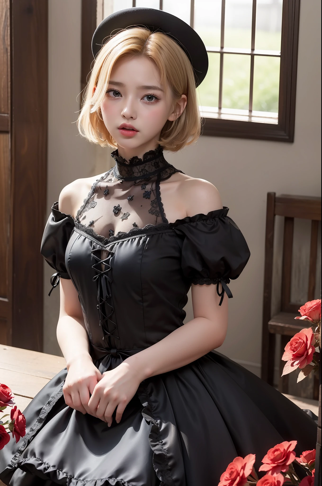Photo Real、photoRealstic Golden hair、Depigmented hair、Short hair、Straight hair、Lots of bangs big eye、with round face、Plump cheeks、The contours of the face are round、a small face、a baby face japanes、sixteen years old、tiny body、skinny body、young body、Soft thighs mini top hat、ta Fashion、Red Wedding Dress、Black frills、Wear lace、Dresses that stand out、Decoration Dresses、a short skirt、Unique clothing Adult Pose、Bold poses、Faces close、Face Close-up、Blushing、Looking here、stick out your tongue and lick、Fluid around the mouth、droolng Background with、Old-fashioned Western-style building、Western-style castle、a castle yard、Flower Garden、Red flowers