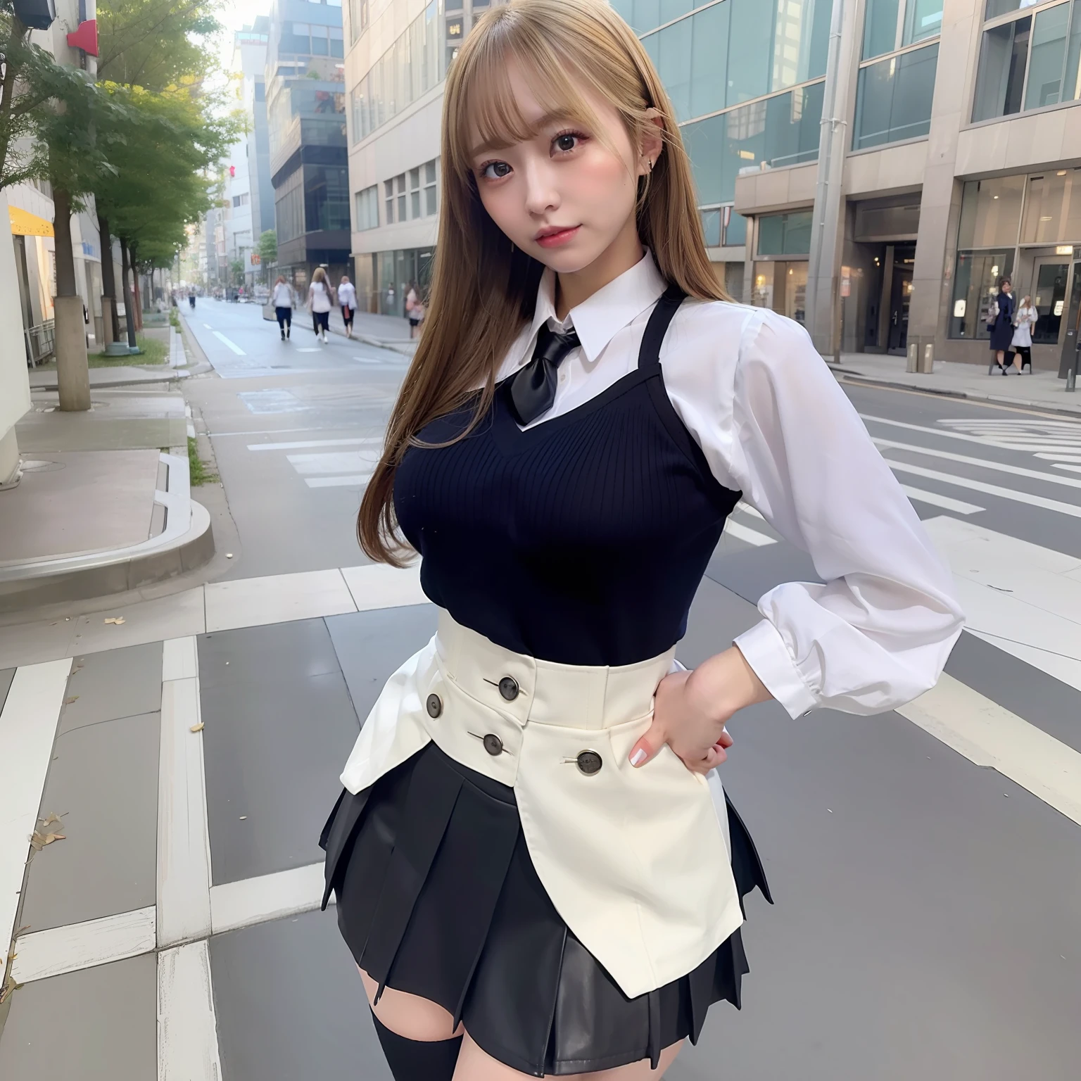 Alafed woman in school uniform, tight outfit, Chic, thick neck,, Sexy Girl,  Leather, Blonde, Cute Girl, in city street, Hands on hips、huge-breasted、thin-waist、I am happy、