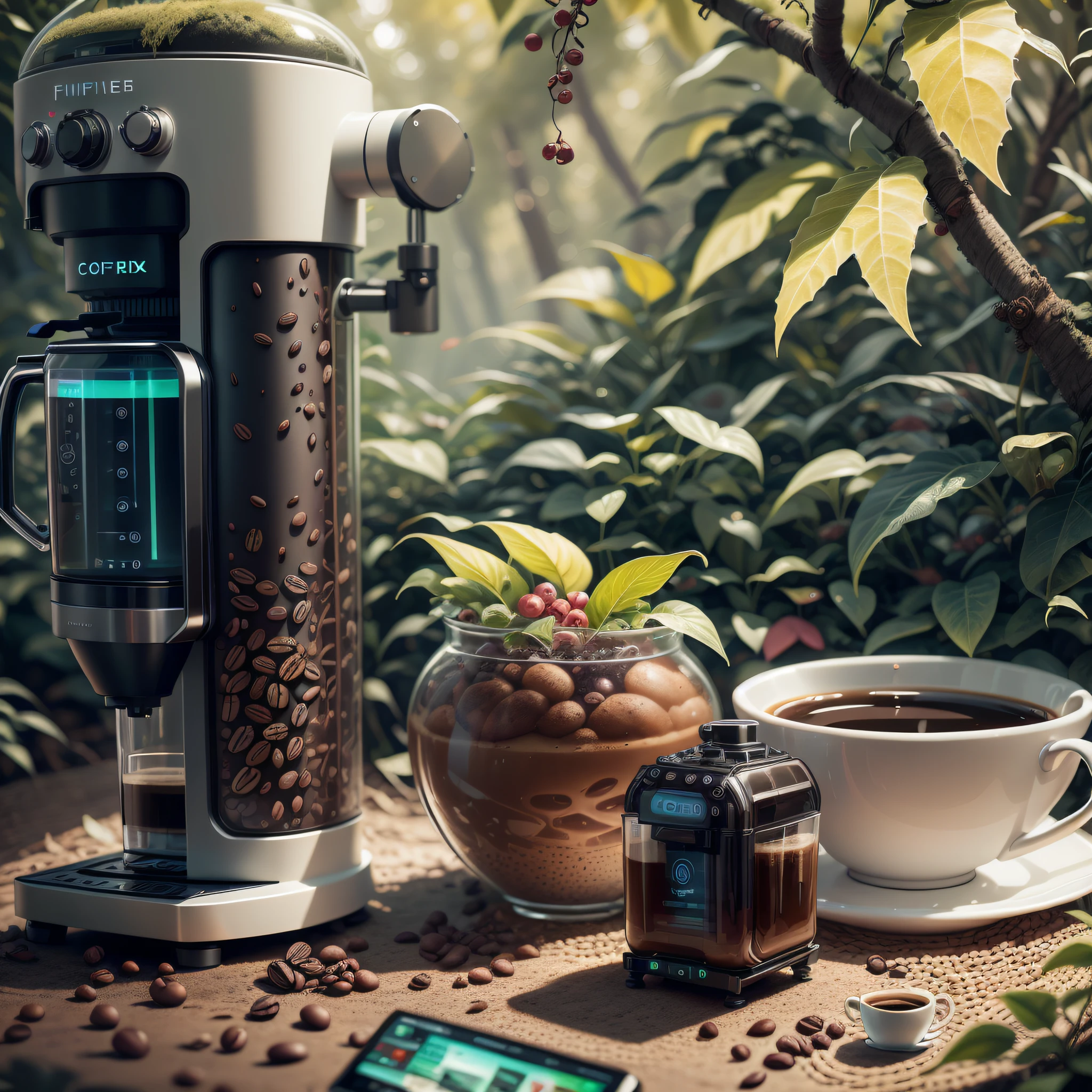 coffee machine, moderna, Technological, auto retrato hiper-realista, 8k UHD, DSLR, grain of film, pintura fotorrealista Fujifilm XT3 arte midjourney,