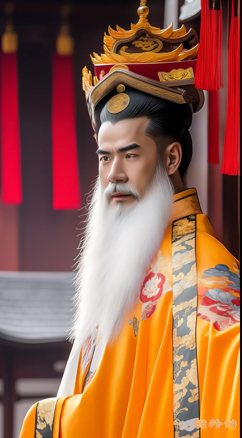 Masterpiece, Highest quality, (solofocus),, (High detail: 1.1),dojo,Red and yellow robes,The male, Man, chinese crown, 1人,and white hair,超高分辨率 , Detailed background, realisticlying, wearing a detailed and intricate xianxia antique outfit
