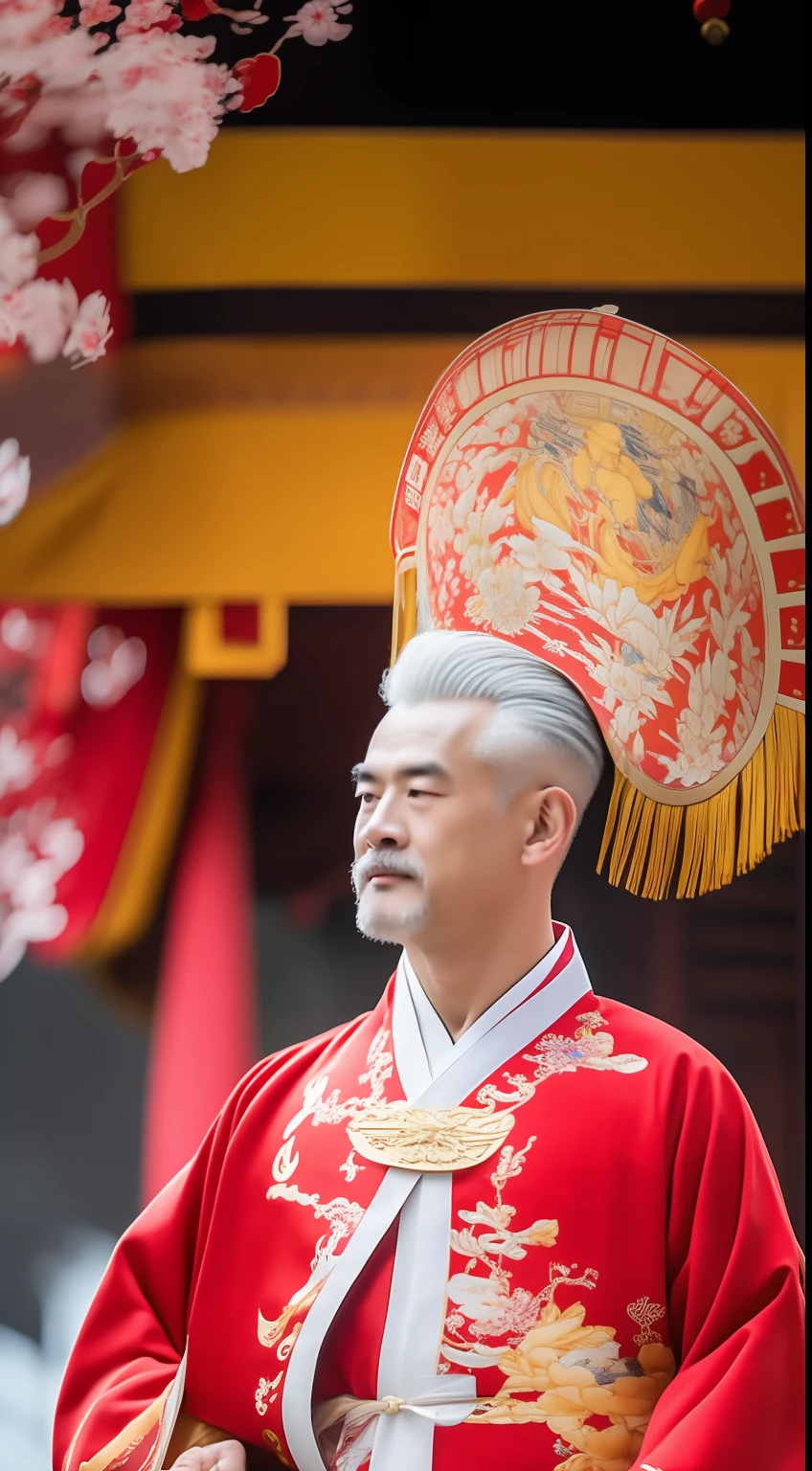 Masterpiece, Highest quality, (solofocus),, (High detail: 1.1),dojo,Red and yellow robes,The male, Man, chinese crown, 1人,and white hair,超高分辨率 , Detailed background, realisticlying, wearing a detailed and intricate xianxia antique outfit