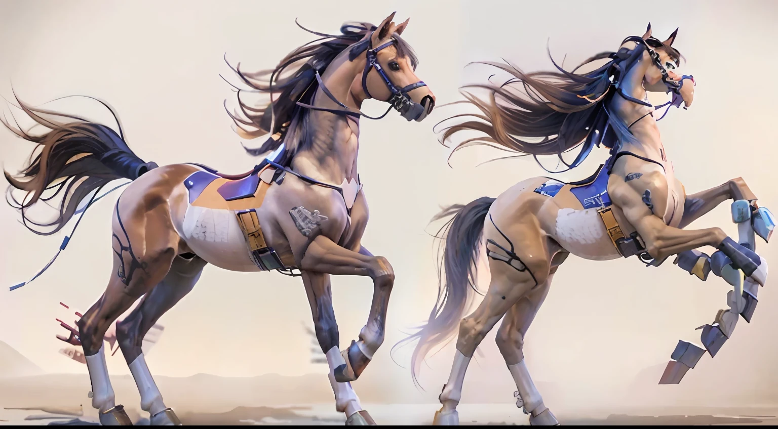 A female centaur,She is famous in the multiverse,She is both a female centaur, half human, half horse, half horse,It is also a female Yingzhao。She blends both images,The first is the head of a horse/neck/Shoulder these parts,After feminization,The upper body transforms into a beautiful female human,Female, half-centaur, half-human, half-horse, half-human,The second is the waist of the horse/hason/gluteal/Legs feminine,Female half-horse with beautiful woman's,Chimer,It's like a female human wearing a half-horse-like costume and making a seamless chimera,This chimerization is based on powerful futuristic technology。The ultra-wide-angle lens captures the image of her sleek and ethereal wings charging and leaping on the ionosphere。Her front half is distinctly feminine,Tall sexy body,Has K cup teardrop-shaped giant tit chest,It has a small man's waist butterfly spanning long legs,The half-horse part of the hind body,Embedded interface in the front half of the body hip position。The horse-shaped, half-horse torso form of her back body is completely female and humanized。A sexy bent dog-style shaped ribcage embedded in the lower back position of the beautiful woman's body from the upper end of the sternum/lower back/Ventral transverse。Then there are the sexy beauty's upright hips,Her entire body has been completely feminized,Including the half-horse part。Mechanized armor covers the legs with knee-shaped anti-joints and feet,And these parts are highly anthropomorphic,This makes her legs graceful and slender,Her four horse legs exploded in length proportions and was slender and toned,Under the legs are skinny white feet dressed in Skyscraper Heels,Use Midjourney's advanced stroke tools and color palettes, as well as texture packs, model packs, and texture tools,Concentration,Femaleize all parts of her original equine physiologic appearance,And give these parts an ergonomic appearance,Fine treatment of the thoracic and abdominal cavity of the posterior body,As well as hips and