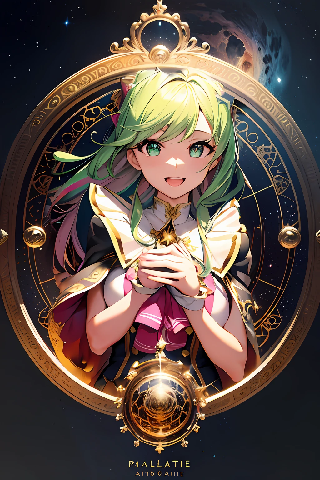 chest out, absurdres, superfine illustration,rainboweffect, highres, ultra detailed,light diffusion,highly detailed light reflection, kaleidoscope, harmonious, best shadow, highly detailed very beautiful big smile face, ;D, beautiful growing crystal diamond star pupil,look at viewer, beautiful detailed hair, solo, dynamic pose, beautiful detailed pink and black ribon, beautiful detailed High school uniform, Fantastic and the whole shines and shooting star and the wind is strong in detail background, green hair