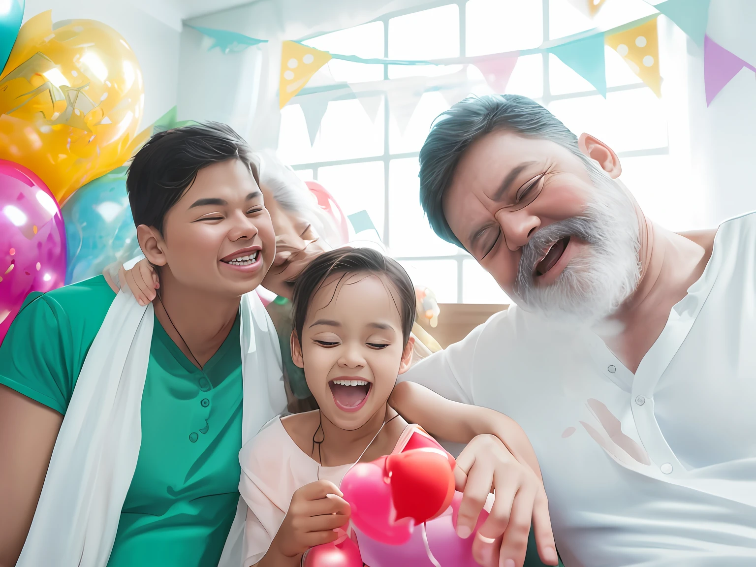 A joyful family celebration with a lively birthday atmosphere and colorful balloons.