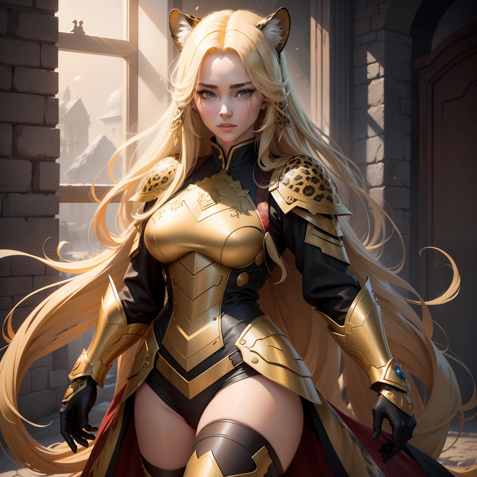 The animations are rich in detail，This is a high-quality 8K masterpiece。35-year-old female，A woman，bachelorhood，Yellow extra-long hair，Leopard-print light armor，Uniform，Blood element，fantasy，leopard