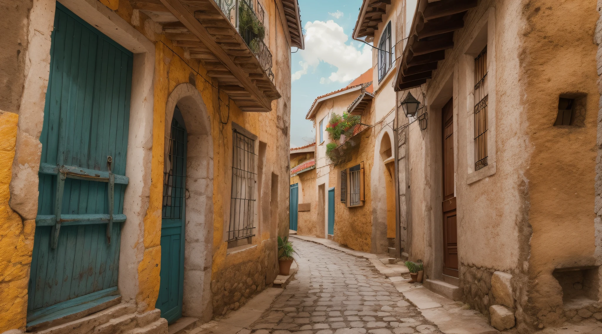 auto retrato hiper-realista, of a dirt street with stones, has historic old houses, estilo dos anos 60, anos 70, anos 80. Historic old town, 8k UHD, DSLR, grain of film, pintura fotorrealista, photograph taken from a Fujifilm XT3 camera, professional camera, foco nítido.