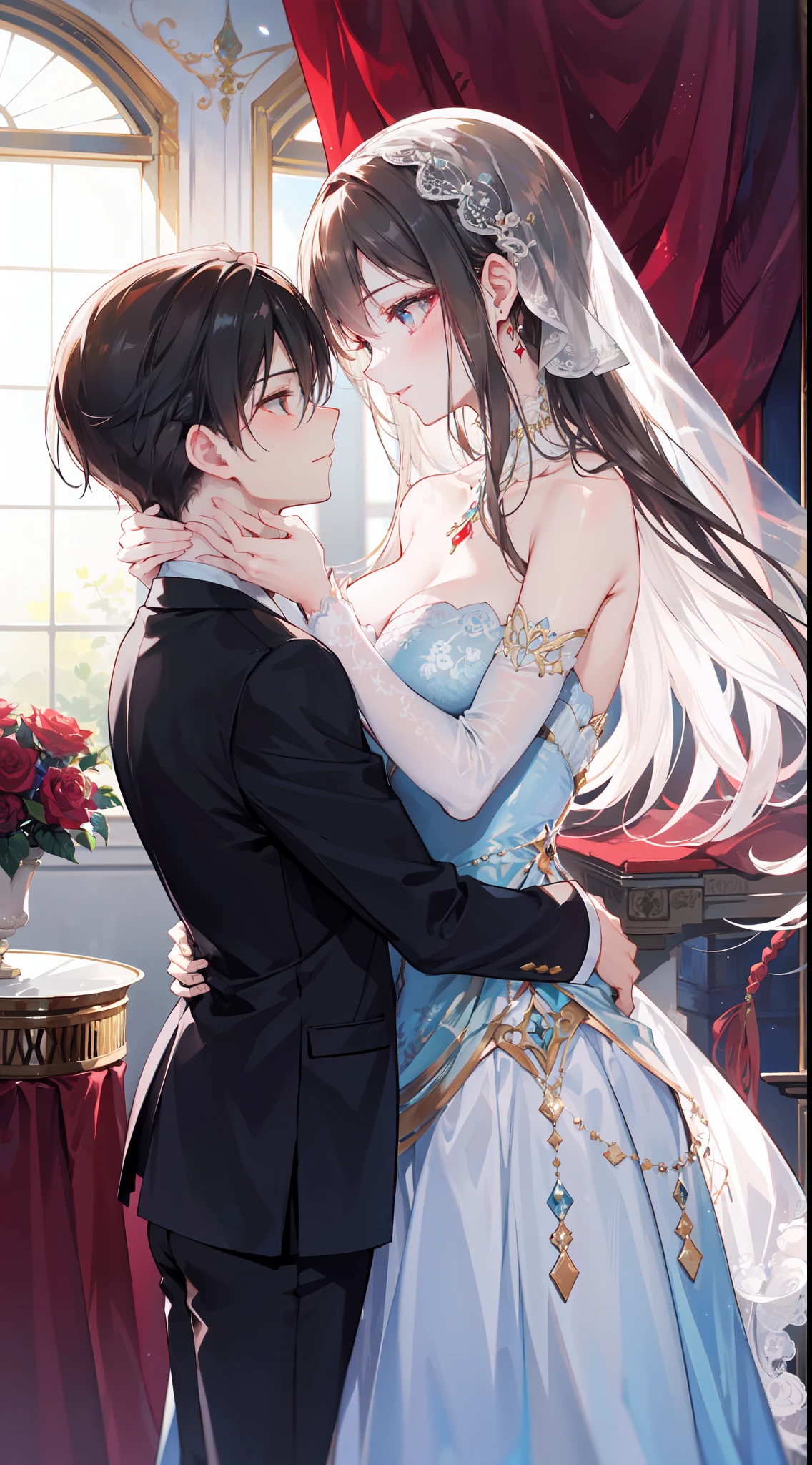 In the grand medieval ballroom, illuminated by the soft glow of flickering torches and adorned with intricate tapestries, a pair of lovers moved gracefully across the polished marble floor. The air was filled with the melodic strains of a minstrel's lute, weaving a tapestry of enchanting notes that seemed to embrace their every step.

He, a gallant knight with chiseled features and eyes as deep as the night sky, donned his finest attire—a velvety tunic adorned with golden threads and a polished suit of armor that gleamed under the gentle light. His gloved hand rested gently on her waist, his touch firm yet tender, as he guided her with practiced ease.

She, a vision of elegance and beauty, wore a gown that cascaded in waves of silk and satin, the color of midnight with accents of silver that shimmered like stardust. Her hair, adorned with delicate jewels and a single blooming rose, framed a face that radiated both innocence and passion. Her eyes locked onto his, sparkling with a mixture of devotion and desire.

As they danced, their steps were perfectly synchronized, a harmonious ballet of movements that spoke of an unspoken connection between their souls. The ballroom seemed to fade away, leaving only the two of them locked in a timeless embrace, swaying to the rhythm of their hearts' desires.

Around them, nobles and courtiers observed in hushed admiration, their whispers blending with the music like a soft breeze through the open windows. The lovers were the center of attention, yet in their shared world, they were the only ones that truly existed.

With each twirl and dip, their laughter mingled with the melody, a symphony of joy that echoed through the opulent chamber. Their love was a story written in every step, every glance, every touch—a story that transcended the constraints of time and place, a story that would be told for generations to come.