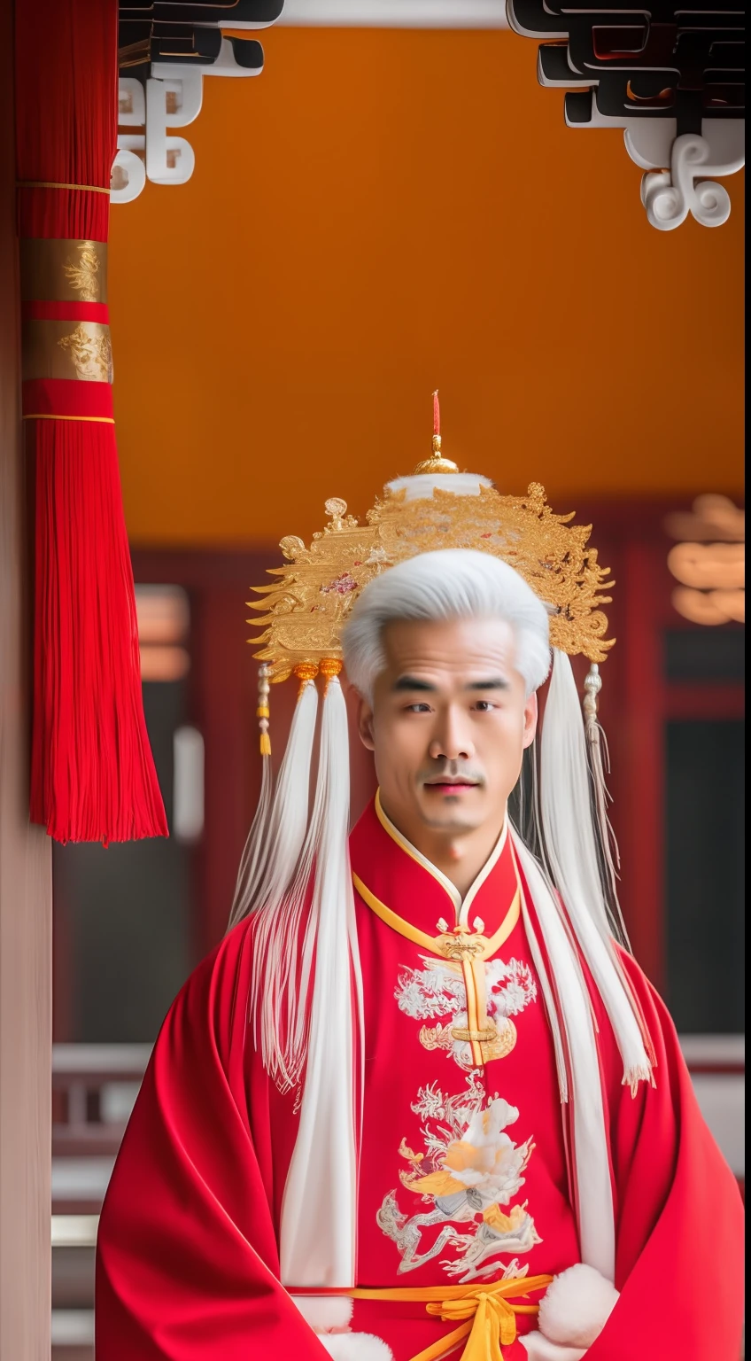 Masterpiece, Highest quality, (solofocus),, (High detail: 1.1),dojo,Red and yellow robes,The male, Man, chinese crown, 1人,and white hair,超高分辨率 , Detailed background, realisticlying, wearing a detailed and intricate xianxia antique outfit