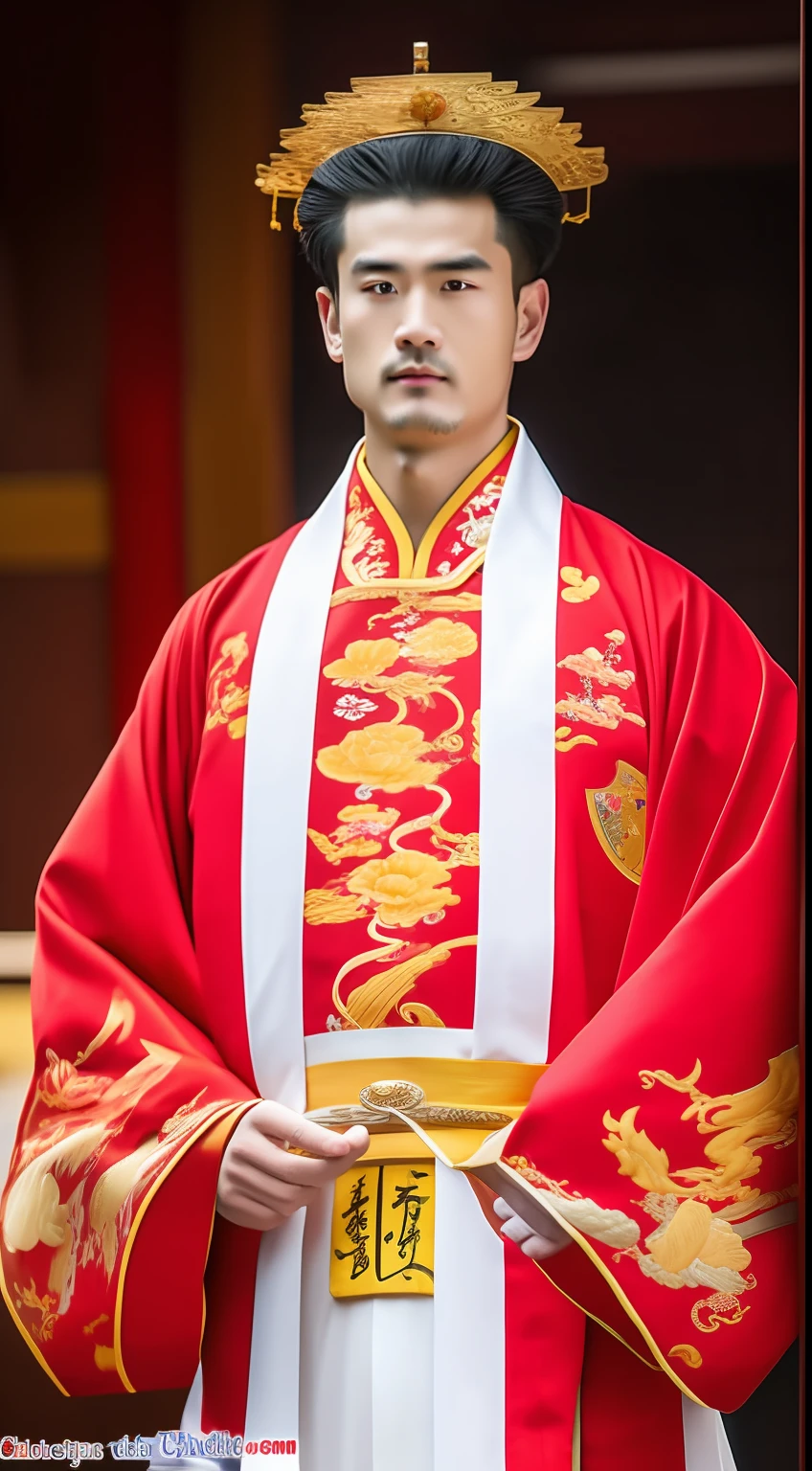 Masterpiece, Highest quality, (solofocus),, (High detail: 1.1),dojo，Red and yellow robes，The male， Man, chinese crown, 1人,and white hair,超高分辨率 , Detailed background, realisticlying, wearing a detailed and intricate xianxia antique outfit