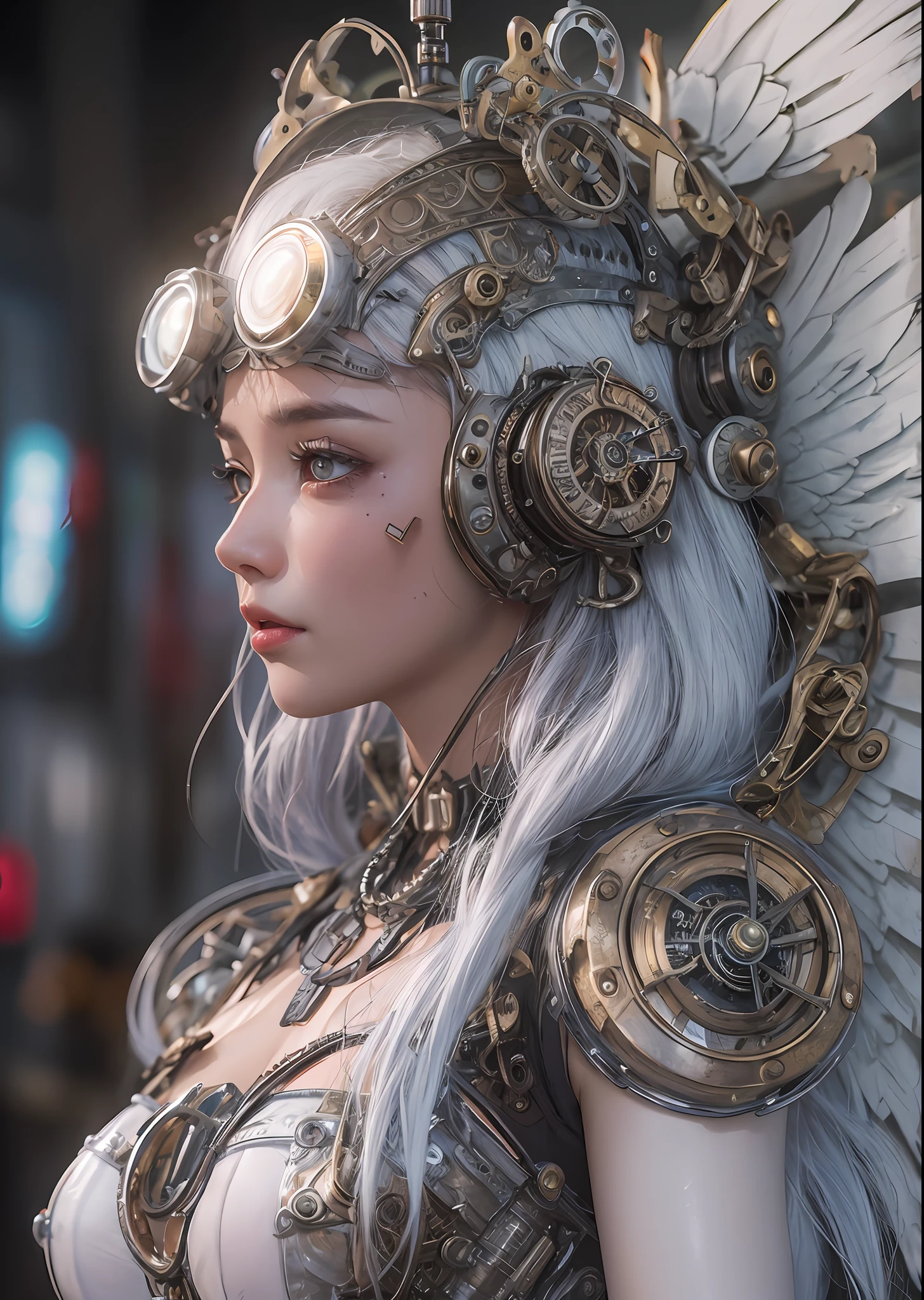 top-quality、masterpiece、超A high resolution、(Photorealsitic:1.4)、Raw photo、Steampunk Cyborg Angel、large wings made of metal、White porcelain body、Acrylic Clear Cover、white hair、glowy skin、1 steampunk girl、((super realistic details))、portlate、globalillumination、Shadow、octan render、8K、ultrasharp、character edge light,Colossal tits、Raw skin is exposed in cleavage、Details of complex ornaments、Details of the steam engine、Hydraulic cylinder、Small LED lamp、highly intricate detail、Realistic light、a purple eye、radiant eyes、Facing the camera、neon details、cowboy shot、Futuristic headgear、The background is a steampunk city、、