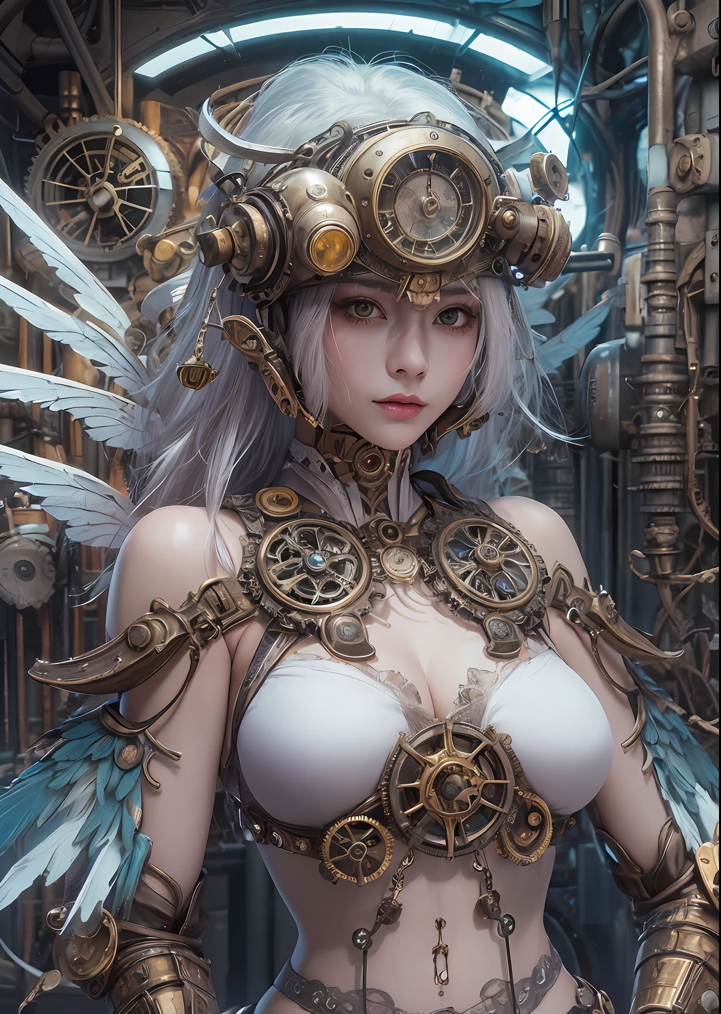 top-quality、masterpiece、超A high resolution、(Photorealsitic:1.4)、Raw photo、Steampunk Cyborg Angel、large wings made of metal、White porcelain body、Acrylic Clear Cover、white hair、glowy skin、1 steampunk girl、((super realistic details))、portlate、globalillumination、Shadow、octan render、8K、ultrasharp、character edge light,Colossal tits、Raw skin is exposed in cleavage、Details of complex ornaments、Details of the steam engine、Hydraulic cylinder、Small LED lamp、highly intricate detail、Realistic light、a purple eye、radiant eyes、Facing the camera、neon details、cowboy shot、Futuristic headgear、The background is a steampunk city、、