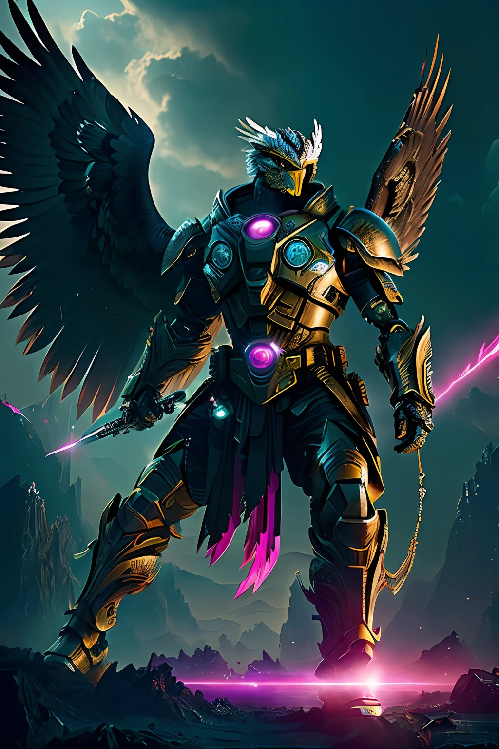 Eagle Falcon Warrior，Eagle head mask，Hawkeye，Eagle beak， An eagle warrior with an eagle falcon face and wings stands in front of the alien city,Close-up of the eagle falcon，Huge wings glow， Beautiful and elegant King Falcon,The head is the head of an eagle，（（best qualtiy））， （（tmasterpiece））， （high detal：1.3）， 3D， Machine gun in hand，（cyber punk perssonage：1.2） special ops， robbot，（Armed uniforms：1.1）， bulletproof vest， raincoat， number （disguise： 1.3）， hdr（HighDynamicRange）， Ray traching， NVIDIA RTX， 超高分辨率， Unreal 5， sub surface scattering， PBR textures， post-proces， Anisotropic filtering， depth of fields， Maximum clarity and sharpness， Many-Layer Textures、Albedo and reflection maps、Surface coloring、Accurately simulate the interaction of light and materials、Ideal proportions、rendering by octane、bicolor lighting、largeaperture、Low ISO、White balance、trichotomy、8K raw data、Effective subpixels、sub-pixel convolution、 Symmetrical epic fantasy art,  Lei Zhenzi is in the list of dedications, The head is an eagle falcon， fuchsia skin beneath the armor, Thunder Mako, fuchsia skin below the armor,  Detailed digital 2D fantasy art, Epic fantasy art style HD, 8K fantasy art, King of Birds