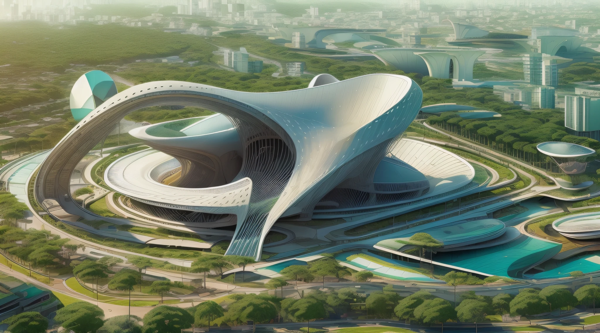 ((uma moderna escultura monumental de parque moderno em formato de X)), ((localizado em um centro de uma cidade)), (inspirado em oscar niemeyer:1.4), (imagem hiperrealista:1.2), in a futuristic setting of a city.