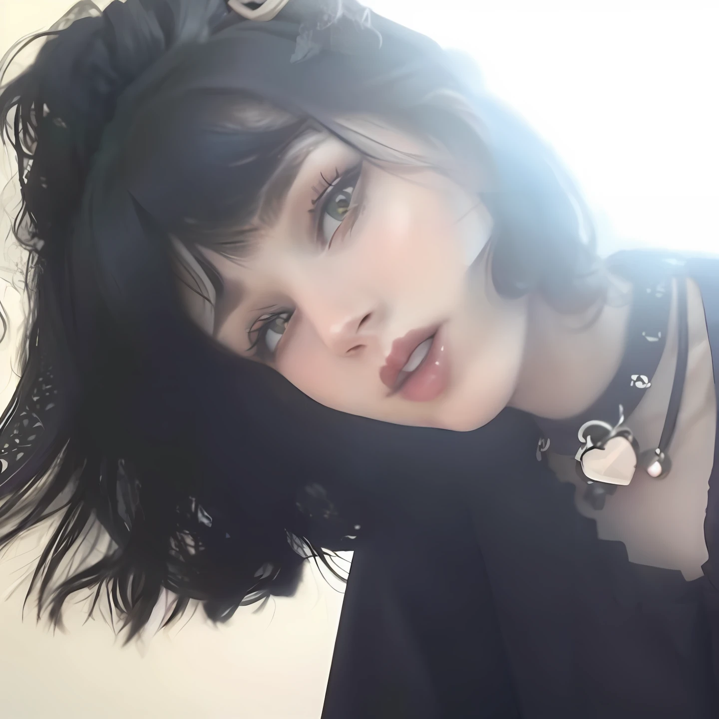 Un primer plano de una mujer con una camisa negra y un collar, 1 7 - year - old goth girl, pale goth beauty, goth girl aesthetic, 1 7 - year - old anime goth girl, pale fair skin!!, Ella tiene el pelo negro con flequillo, goth girl, Parece una mezcla de grimes, pale skin and dark eyes, gothic aesthetic