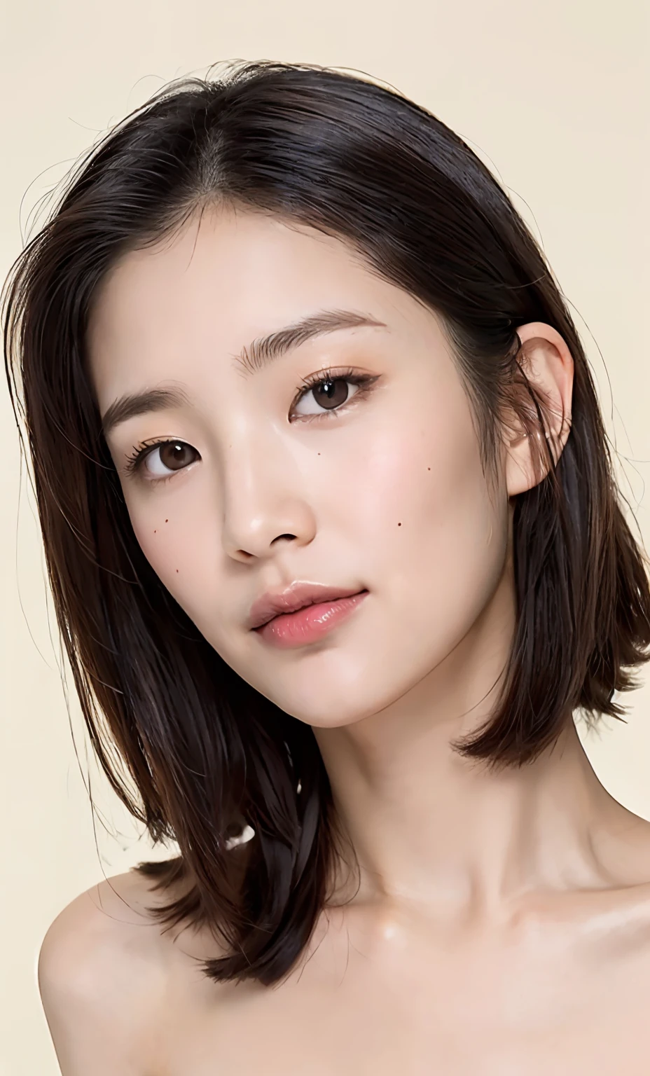 ((masterpiece, top quality, high definition)), one girl, (photorealistic: 1.4), solo, white background, snow-white background, ((from above, slightly above, looking up at the viewer, looking up, looking up at the camera, staring at the camera)), mouth closed, happy smile, happy smile, happy smile, pretty black hair, short hair, big eyes, clear double eyelids, eyelashes, ears out, long neck, long neck, absolute area, (draw all head, shoulders), 19 years old, attractive proportions, shiny skin, clean collarbone, face in golden proportions, perfect face, tearful mole, mole on chest, bangs, clean bangs, lip gloss, thin lips, fair skin, naked, big breasts, small face, small face, draw all head, draw all shoulders,