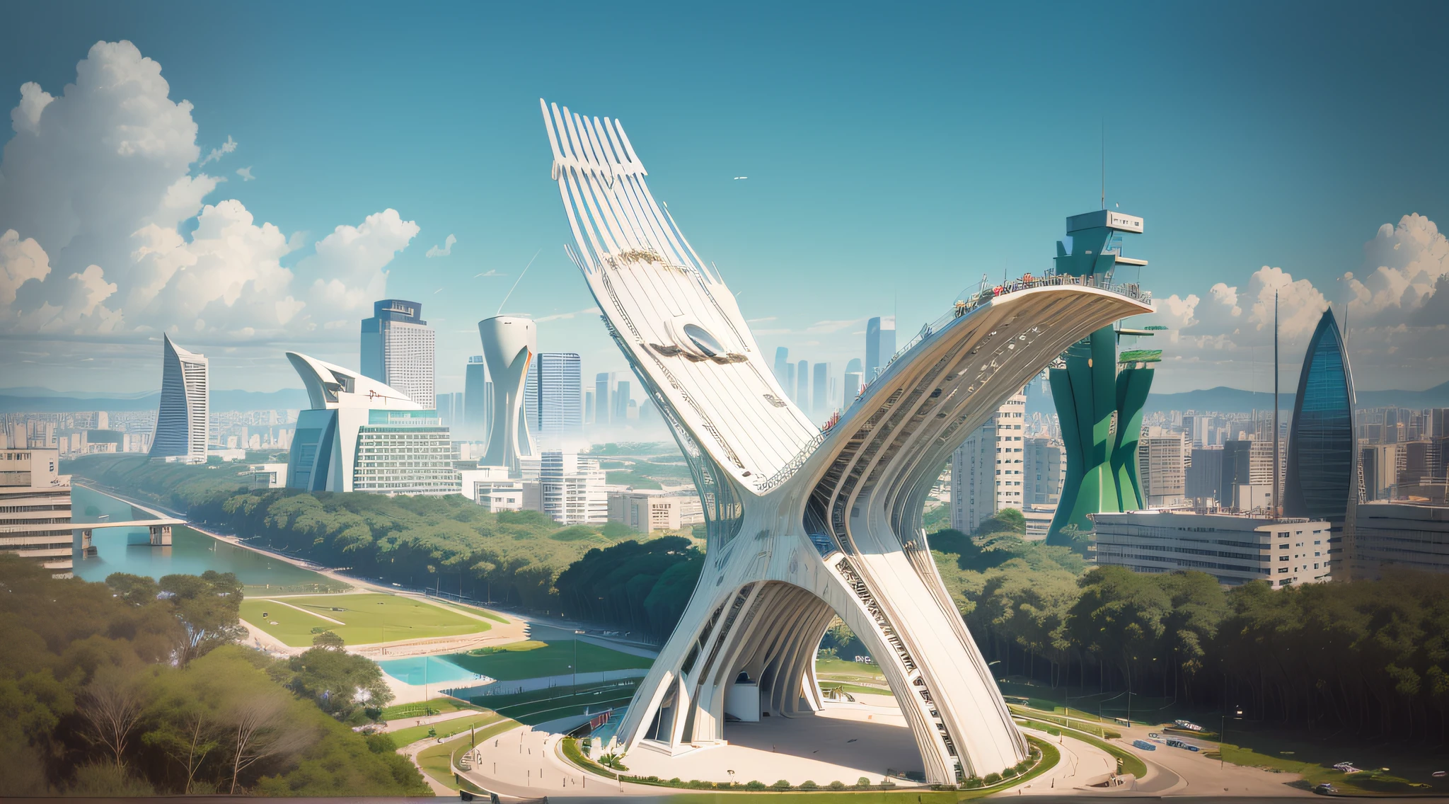 ((uma escultura milenar monumental de 3 metros de altura em formato de letra "X")), ((located in a center of a historic city)), (inspirado em oscar niemeyer:1.4), (imagem hiperrealista:1.2), in a futuristic setting of a city.