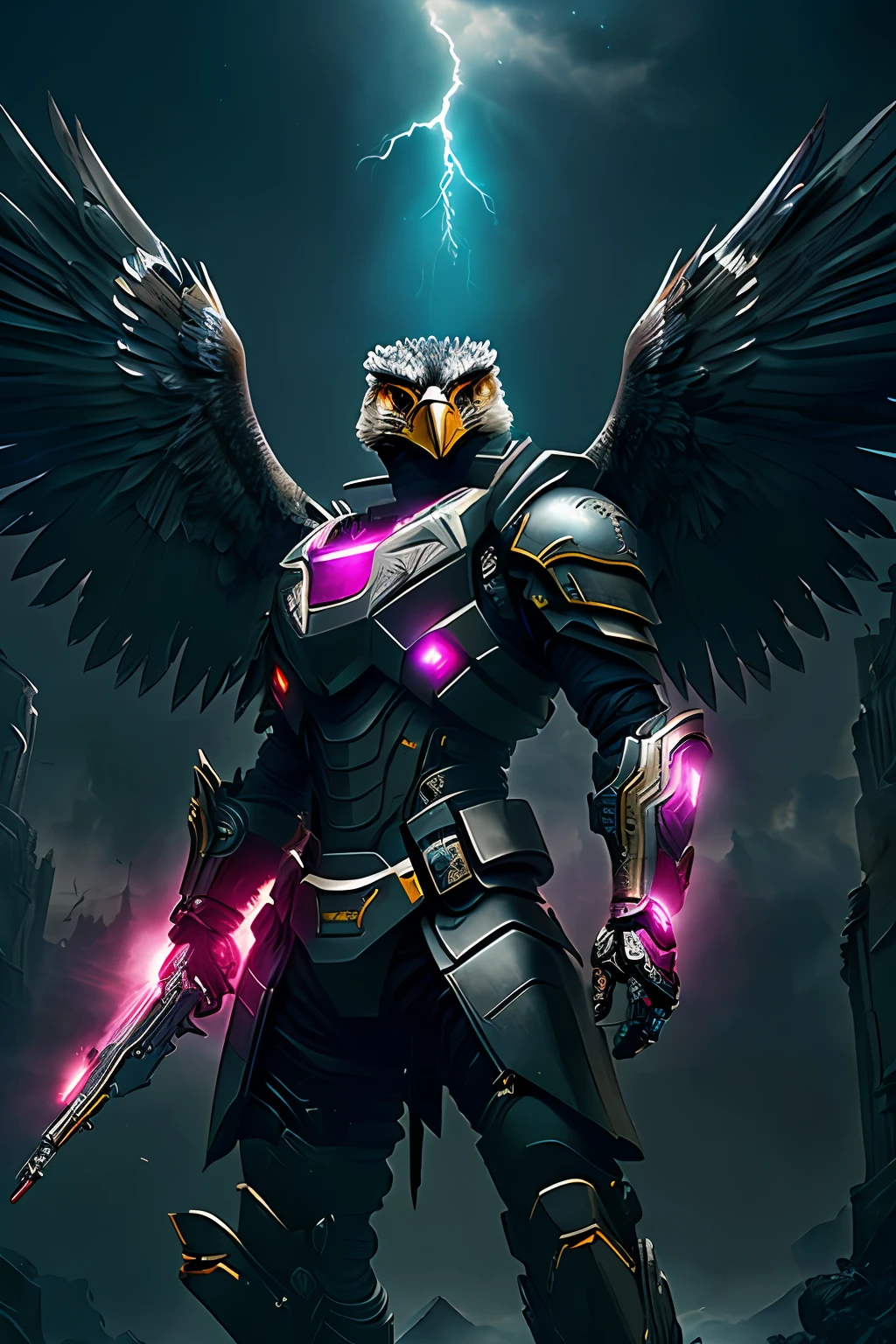 Eagle Falcon Warrior，Eagle head mask，Hawkeye，Eagle beak， An eagle warrior with an eagle falcon face and wings stands in front of the city of darkness,Close-up of the eagle falcon，Huge wings glow， Beautiful and elegant King Falcon,The head is the head of an eagle，（（best qualtiy））， （（tmasterpiece））， （high detal：1.3）， 3D， Machine gun in hand，（cyber punk perssonage：1.2） special ops， robbot，（Armed uniforms：1.1）， bulletproof vest， raincoat， number （disguise： 1.3）， hdr（HighDynamicRange）， Ray traching， NVIDIA RTX， 超高分辨率， Unreal 5， sub surface scattering， PBR textures， post-proces， Anisotropic filtering， depth of fields， Maximum clarity and sharpness， Many-Layer Textures、Albedo and reflection maps、Surface coloring、Accurately simulate the interaction of light and materials、Ideal proportions、rendering by octane、bicolor lighting、largeaperture、Low ISO、White balance、trichotomy、8K raw data、Effective subpixels、sub-pixel convolution、 Symmetrical epic fantasy art,  Lei Zhenzi is in the list of dedications, The head is an eagle falcon， fuchsia skin beneath the armor, Thunder Mako, fuchsia skin below the armor,  Detailed digital 2D fantasy art, Epic fantasy art style HD, 8K fantasy art, King of Birds