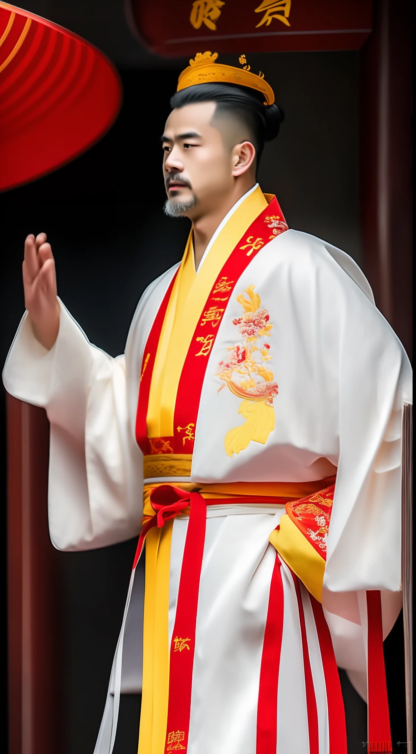 Masterpiece, Highest quality, (solofocus),, (High detail: 1.1),dojo,Red and yellow robes,The male, Man, chinese crown, 1人,and white hair,超高分辨率 , Detailed background, realisticlying, wearing a detailed and intricate xianxia antique outfit