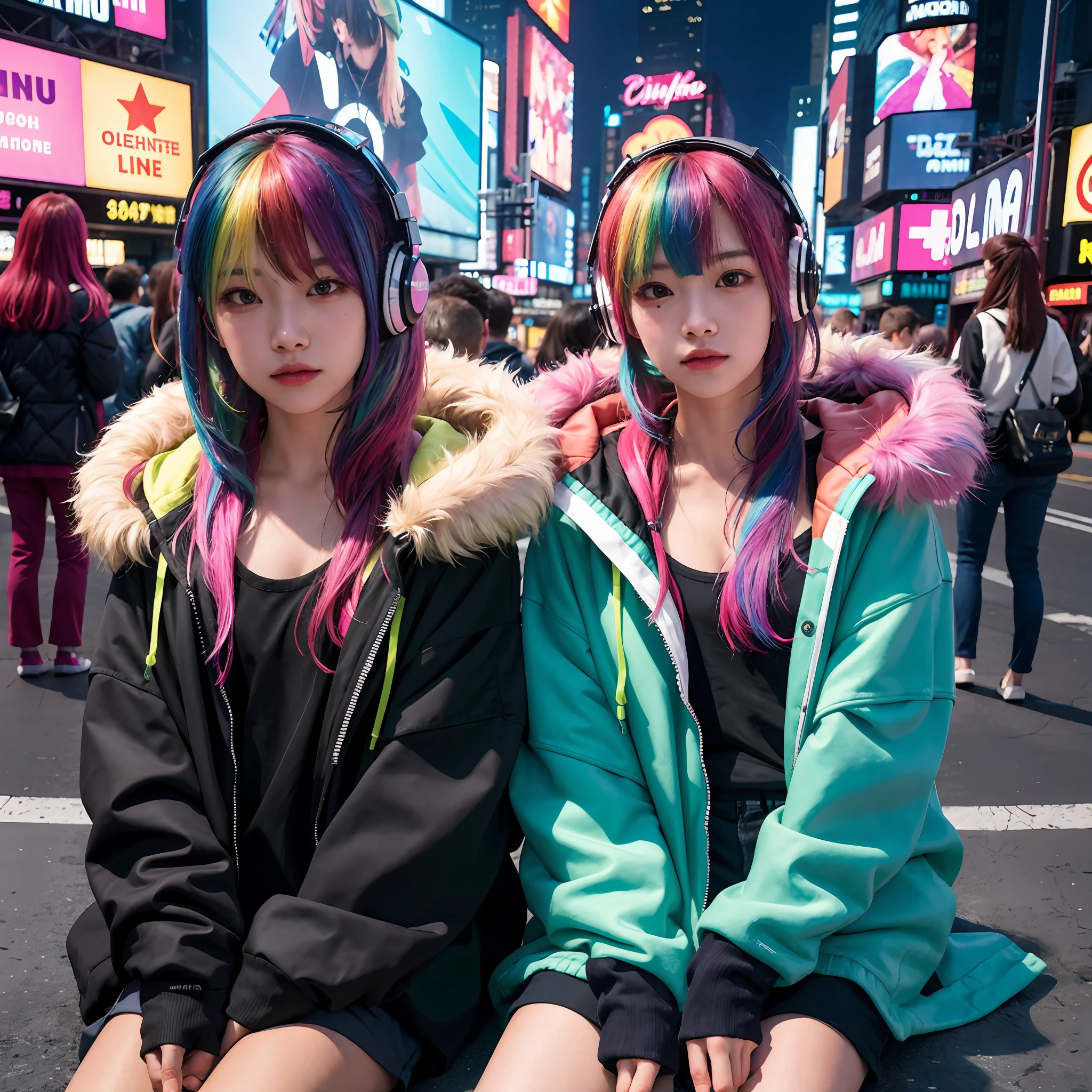 (in 8K、RAW Photos、top-quality、masterpiece:1.2)、(realisitic、Photorealsitic:1.37)、ultra-detailliert、超A high resolution、1girl、独奏、rainbow hair、parka、espadrilles、straight haired、headphones、Long、(Sitting in the middle of the road)、natta、neons、Times square、cyberpunked、physically-based renderingt、cinematlic lighting、dynamic ungle