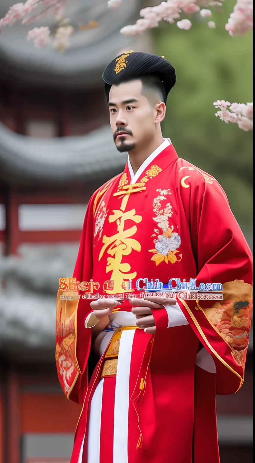 Masterpiece, Highest quality, (solofocus),, (High detail: 1.1),dojo,Red and yellow robes,The male, Man, chinese crown, 1人,and white hair,超高分辨率 , Detailed background, realisticlying, wearing a detailed and intricate xianxia antique outfit