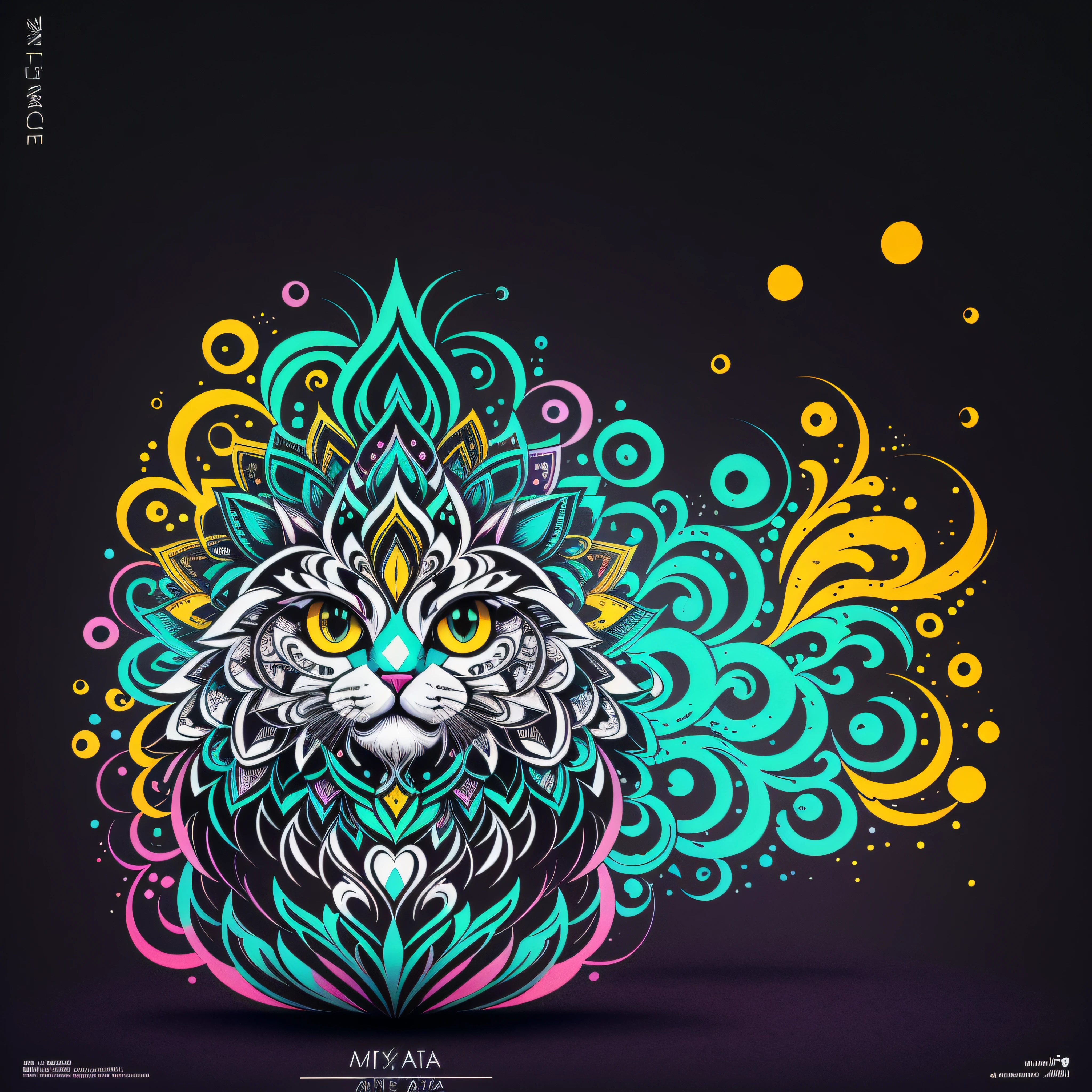um close up de um gato com um design colorido nele, Fluffy Cat T - Design de camisa, Surreal psychedelic design, psychedelic art style, in illustration style digital, arte digital. altamente detalhado, arte digital altamente detalhada, arte digital altamente detalhada, Arte digital detalhada em 4k, full-colour illustration, arte digital muito detalhada, design do gato, arte digital intrincada