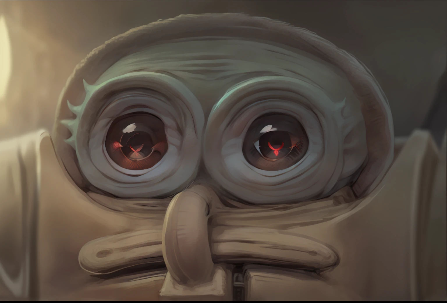 cartoon drawing of a green alien with big red eyes, red, and a long nose, facing left, squidward, with a large head and big eyes, squidlike aliens, handsome squidward, handsome squidward as male, weird silly thing with big eyes, squidward taking an acid trip, alien looking, huge-eyed, squinty red eyes, red, alien like, googly eyes, alien squid