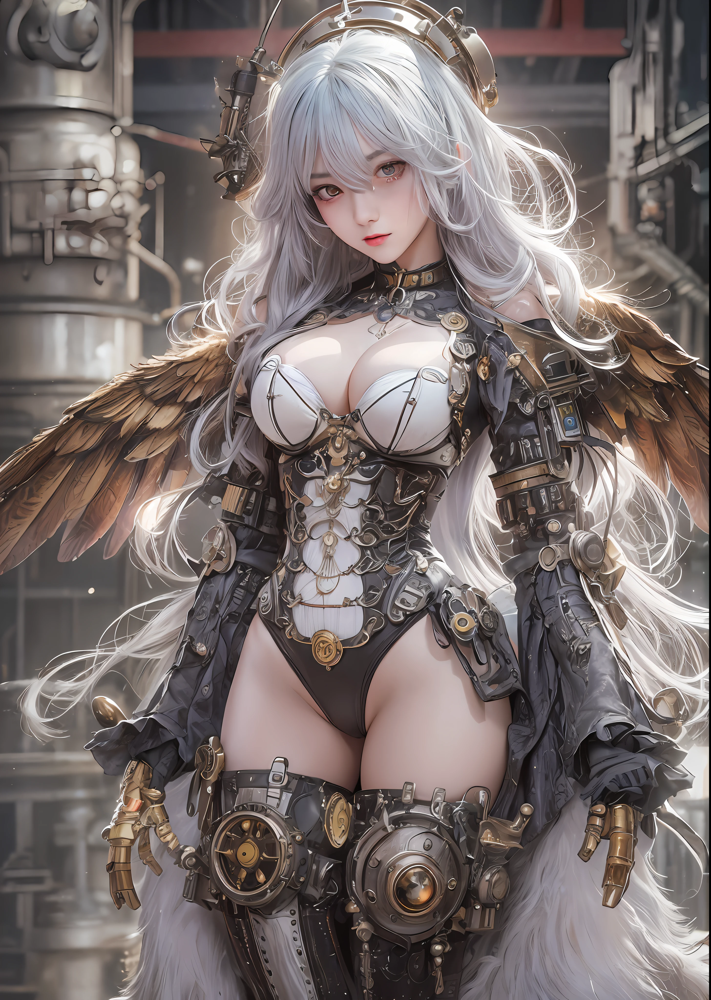 top-quality、masterpiece、超A high resolution、(Photorealsitic:1.4)、Raw photo、Steampunk Cyborg Angel、large wings made of metal、White porcelain body、Acrylic Clear Cover、white hair、glowy skin、1 steampunk girl、((super realistic details))、portlate、globalillumination、Shadow、octan render、8K、ultrasharp、character edge light,Colossal tits、Raw skin is exposed in cleavage、Details of complex ornaments、Details of the steam engine、Hydraulic cylinder、Small LED lamp、highly intricate detail、Realistic light、a purple eye、radiant eyes、Facing the camera、neon details、cowboy shot、Futuristic headgear、The background is a steampunk city、、