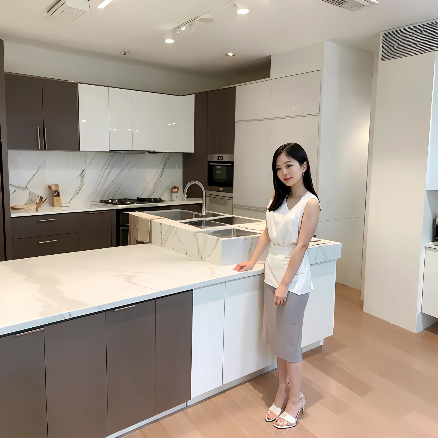 there is a woman standing in a luxury kitchen with a counter top, taken with sony alpha 9, award-winning masterpiece, 8k --height 768, lulu chen, artistic pose, 8k selfie photograph, best photography, best quality, best lighting