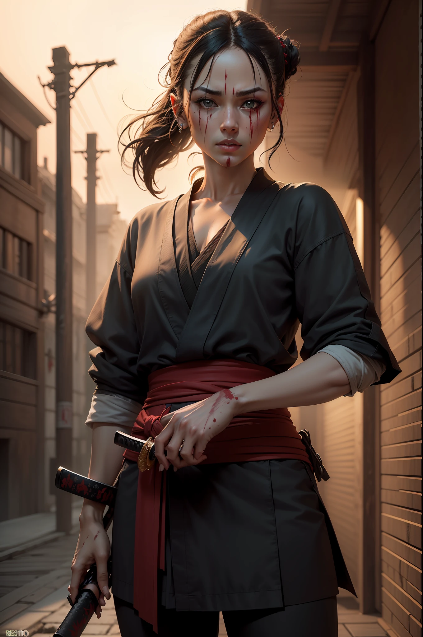 ((Melhor qualidade)), ((melhor detalhes)), (perfect lighting), ((relismo: 10)), samurai, gore katana, Sinister purpose, scared, scar, blood