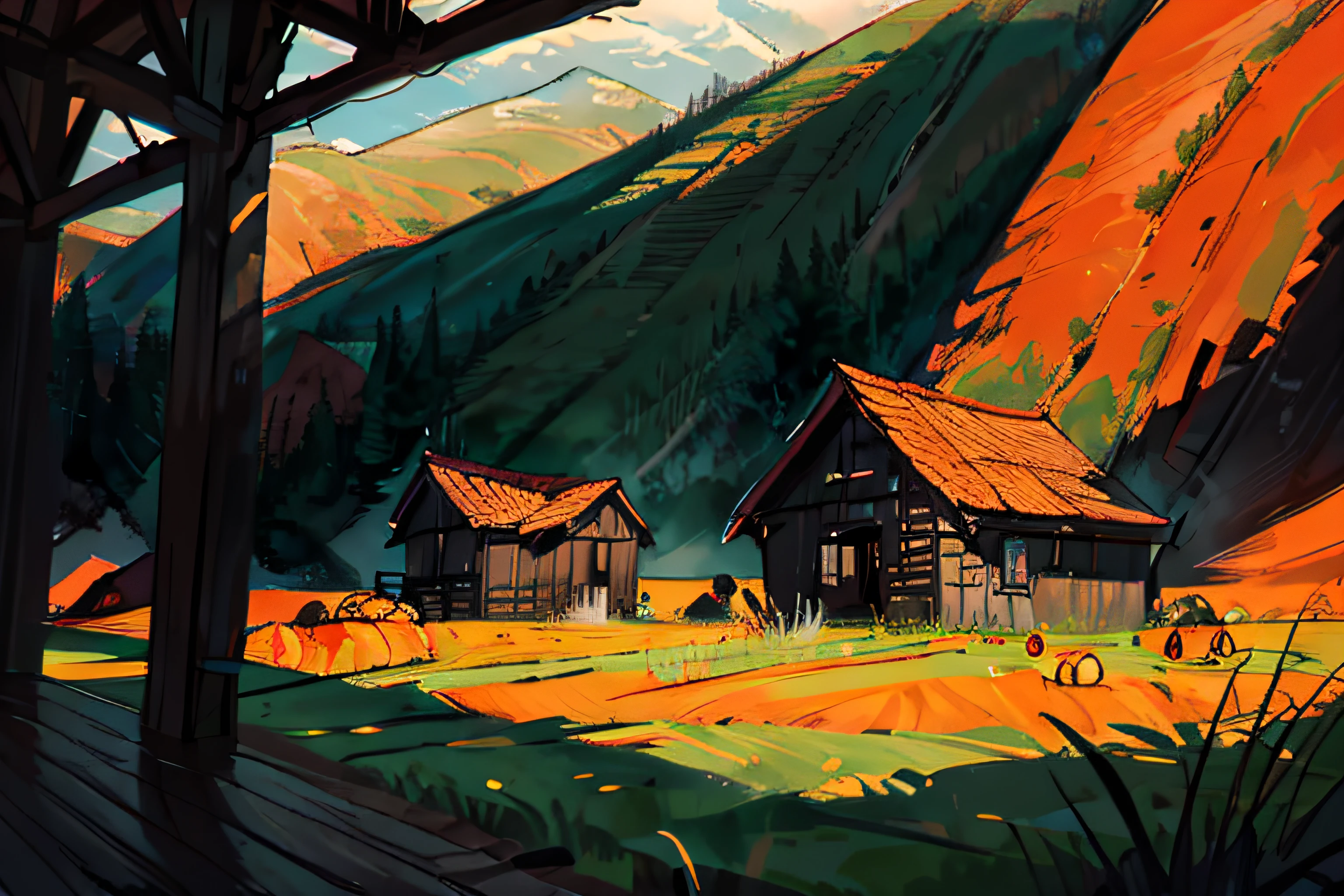 (masterpiece) best quality, samdoesarts style. physical palette knife painting, thick Oil paint, stunning landscape, vast scale, soft colors, muted contrast, extremely detailed and intricate. Landscape, grassland, single hut, two large pumpkins growing from the ground, mountains, first person view, wild, God rays, sharp focus