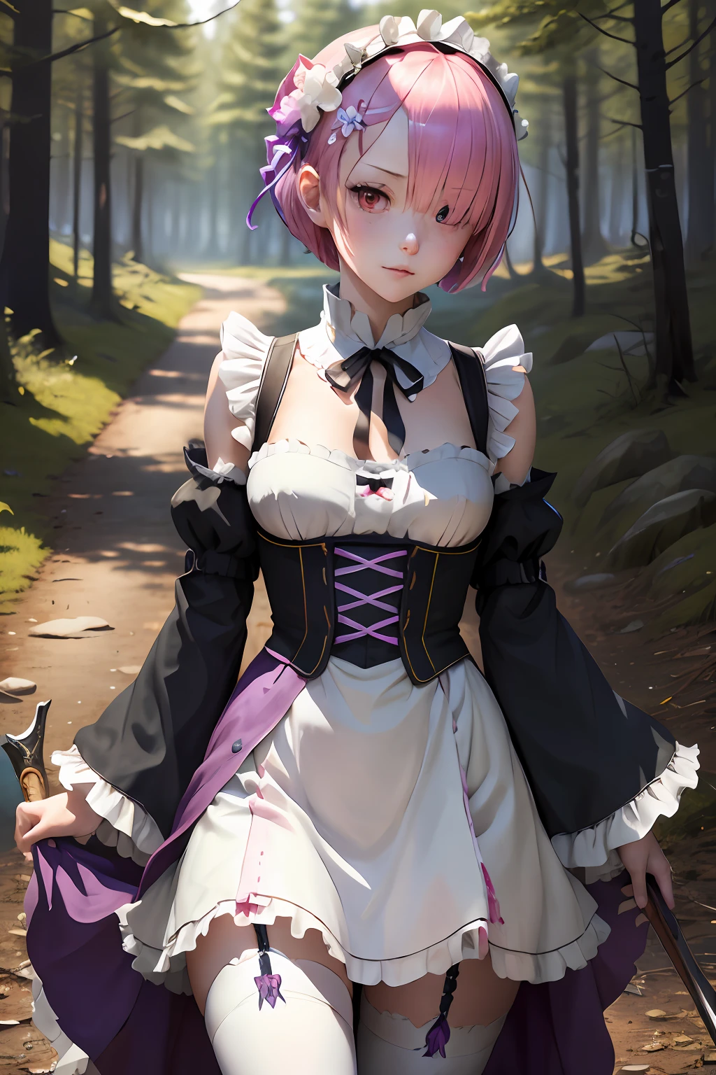 masterpiece, best quality, highres, ram1, 1girl, solo, ram \(re:zero\), pink hair, white thighhighs, short hair, red eyes, hair over one eye, ribbon trim, hair ribbon, x hair ornament, frills, maid headdress, waist apron, garter straps, black ribbon, small breasts, long sleeves, white apron, neck ribbon, purple ribbon, wide sleeves, hair flower, holding weapon, outdoors, night, forest, torn clothes, blood on clothes, injury,realistic