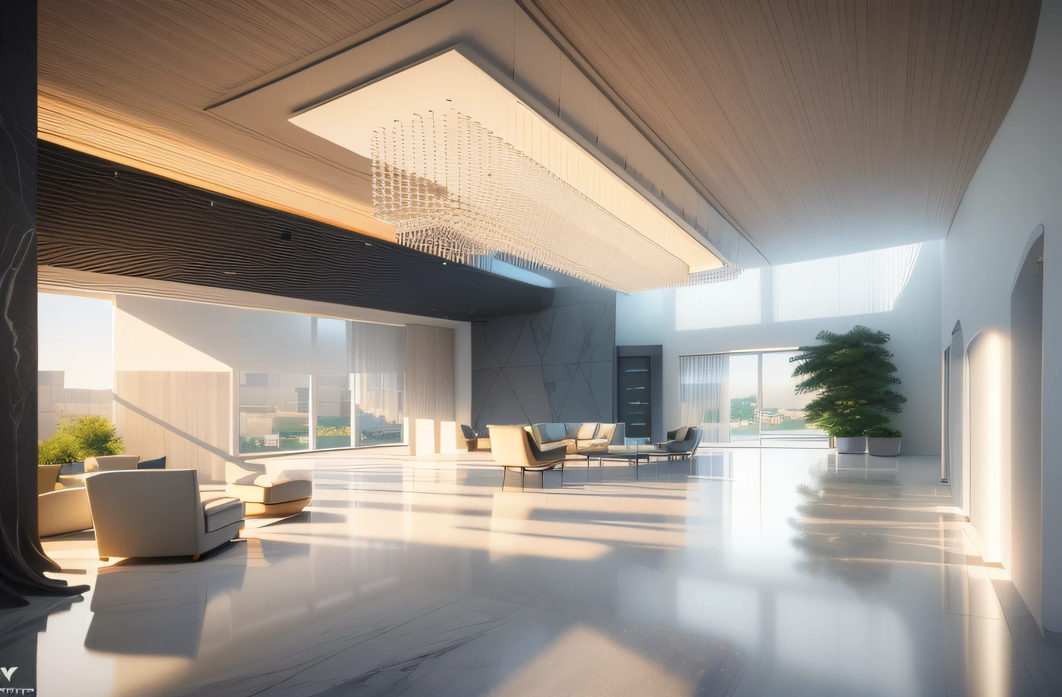 There is a spacious lobby，White marble floors and glass ceilings，There are plenty of sofas and tables inside, interior architecture view, building rendering, Simple ceiling chandelier, archviz, high ceiling, professional render, Realistic physical rendering, high quality rendering, CG rendering, very tall ceilings, all white render, highly photographic render, excellent 3d render, realistic cgi render, lumion render, high quality rendering