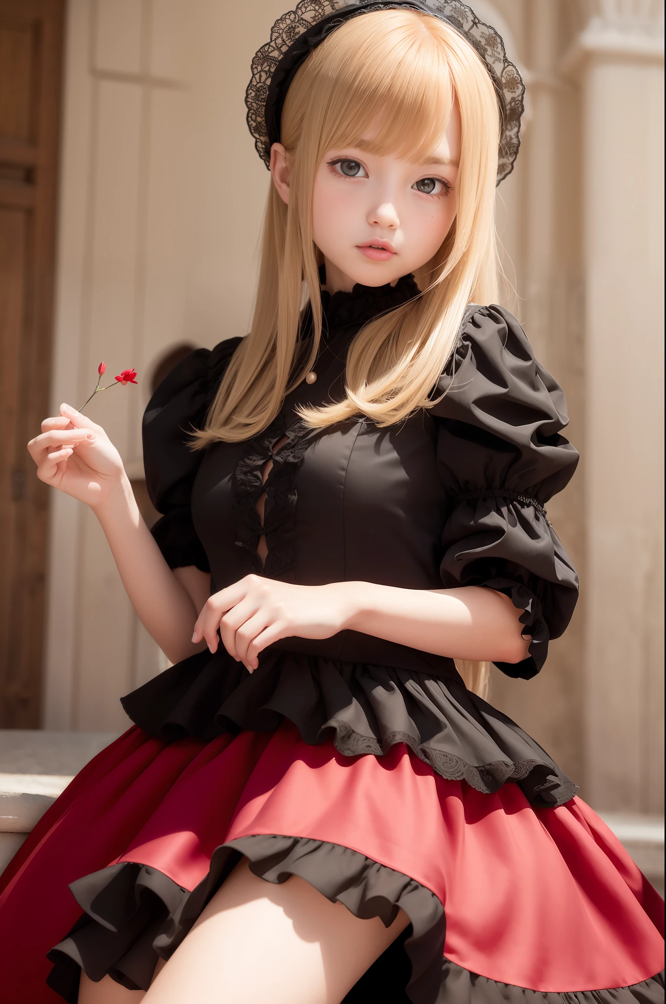 Photo Real、photoRealstic　Golden hair、Depigmented hair、Short hair、Straight hair、Lots of bangs　big eye、with round face、Plump cheeks、The contours of the face are round、a small face、a baby face　japanes、20yr old、tiny body、skinny  body、young body、Soft thighs　 mini top hat、Lolita Fashion、Red Wedding Dress、Black frills、Dresses that stand out、Decoration Dresses、a short skirt、Unique clothing　Adult Pose、Bold poses、Faces close、Face Close-up、Blushing、Looking here、stick out your tongue and lick、Fluid around the mouth、droolng　Background with、Old-fashioned Western-style building、Western-style castle、a castle yard、Flower Garden、Red flowers