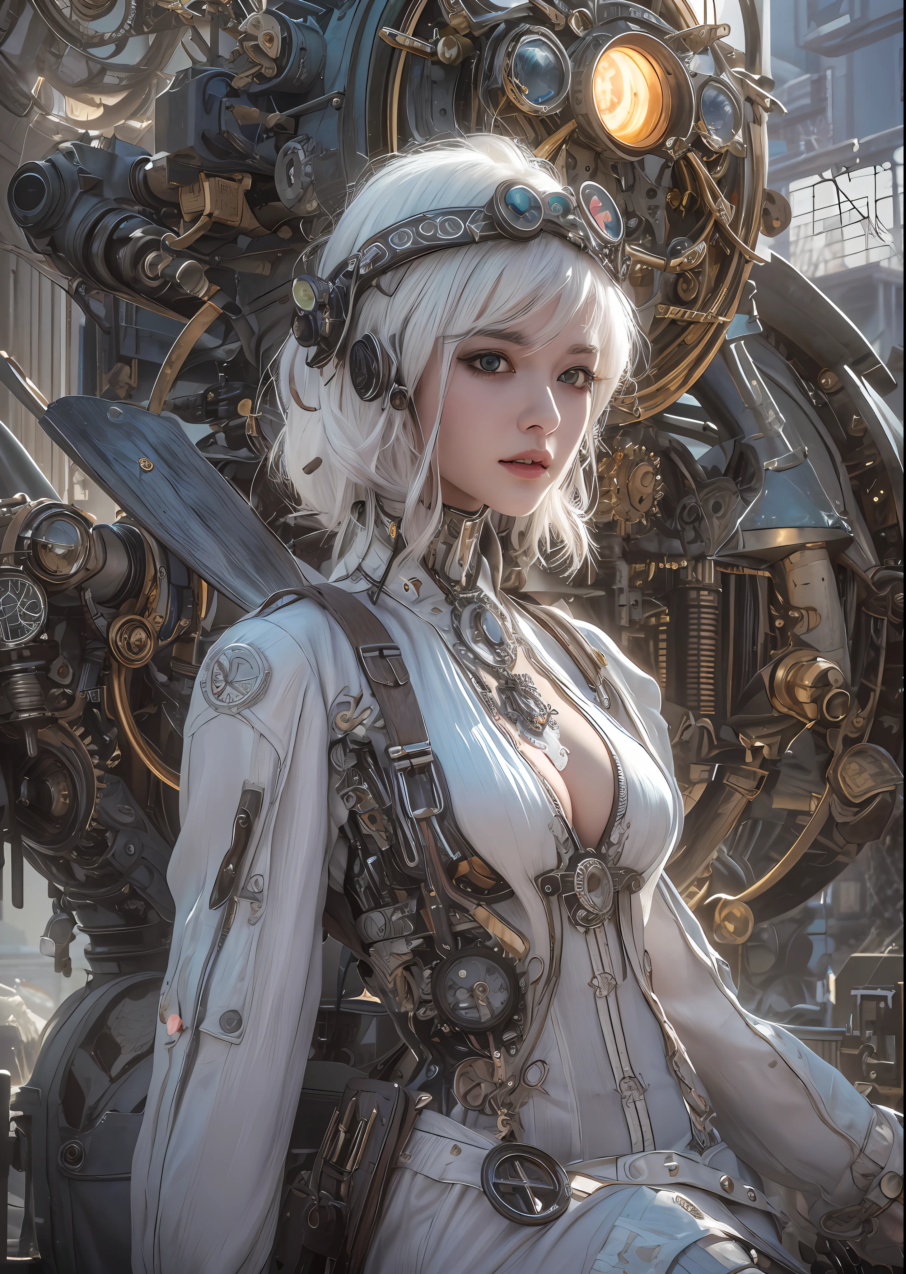 top-quality、masterpiece、超A high resolution、(Photorealsitic:1.4)、Raw photo、Steampunk Cyborg Angel、large wings made of metal、White porcelain body、Acrylic Clear Cover、white hair、glowy skin、1 steampunk girl、((super realistic details))、portlate、globalillumination、Shadow、octan render、8K、ultrasharp、character edge light,Colossal tits、Raw skin is exposed in cleavage、Details of complex ornaments、Details of the steam engine、Hydraulic cylinder、Small LED lamp、highly intricate detail、Realistic light、a purple eye、radiant eyes、Facing the camera、neon details、cowboy shot、Futuristic headgear、The background is a steampunk city、、