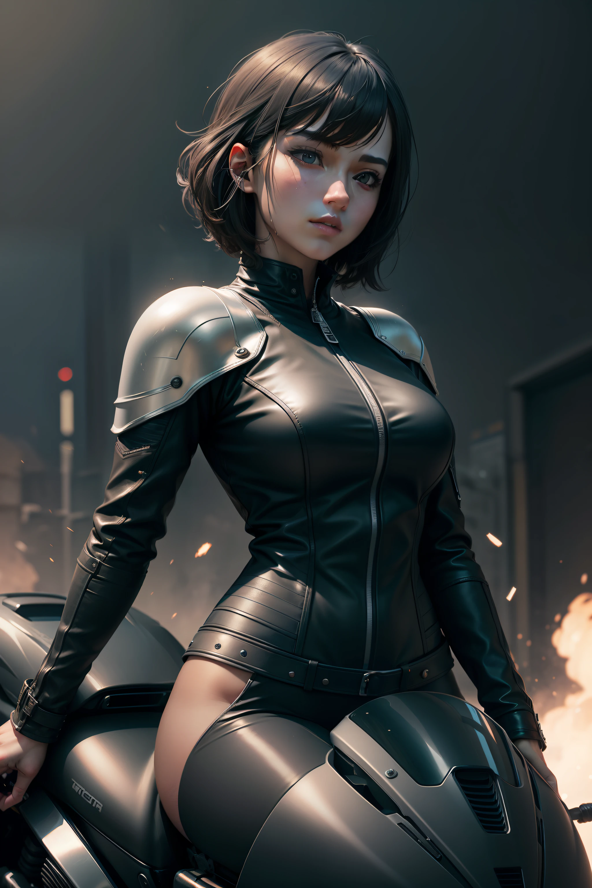 Motorcycle riding，Beauty Knight，Wear a black helmet，Black tight leather jacket，full bodyesbian，Streamlined exterior design，超高分辨率，The texture is delicate，Particle sense，unreal-engine，rendering by octane，cinmatic lighting