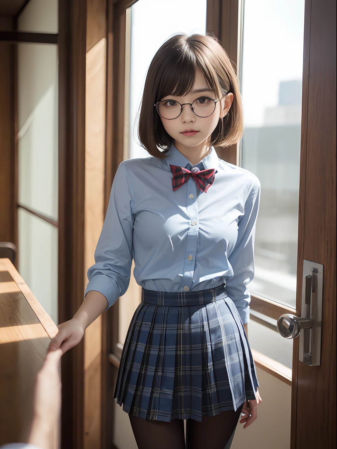(8K、Raw photography、top-quality、masterpiece:1.2),Bullish,Muchimuchi,Erotic,Pupils,Light Blue Bra,de pele branca,kne,(Black pantyhose),absurderes,a small face,small tits,flat breast,Parting the bangs from the middle、Forehead visible,(a cold expression<Tight eyes,glares,Bullish,skinny,Rasping,irate)、masterpiece,top-quality、超A high resolution,Raw photo,ren,Beautiful fece,One Person, 独奏,eye glass,,Dark look,Small breasts,fullllbody,Round glasses、cute little、JK school uniform,hi-school girl,A Japanese Lady,is standing,(Photorealsitic:1.37)、Photon mapping,Light blue ribbon,Realistic、Cute little face,Brown-eyed、Black socks、(Red bow tie)、Radio City、Physically Based Rendering、Foreground、depth of fields、Blurry background、a picture,The girls、Body,beauty legs, Long legs, Thin leg,Long bob cut,(Bangs are visible), hair, s lips, Blue_The eye, nosesoft,(Light blue shirt), (Navy and blue and white plaid pleated skirt), Knees are visible,Sheer clothing,, Thigh, Black cotton socks,Nogizaka Idol, 女優, Japanese ido