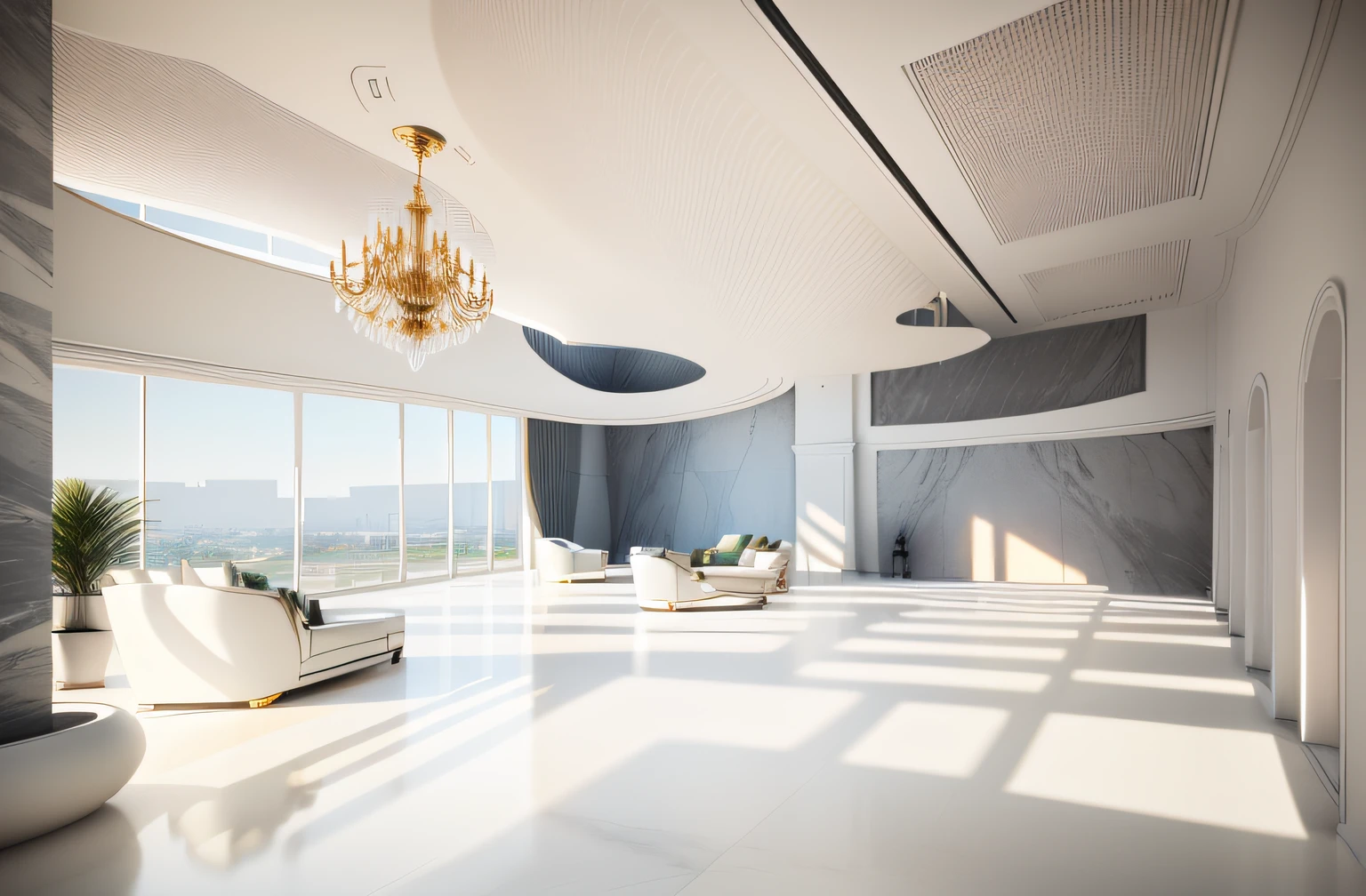 There is a spacious lobby，White marble floors and glass ceilings，There are plenty of sofas and tables inside, interior architecture view, building rendering,The simple ceiling has chandeliers, archviz, high ceiling, professional render, Realistic physical rendering, high quality rendering, CG rendering, very tall ceilings, all white render, highly photographic render, excellent 3d render, realistic cgi render, lumion render, high quality rendering