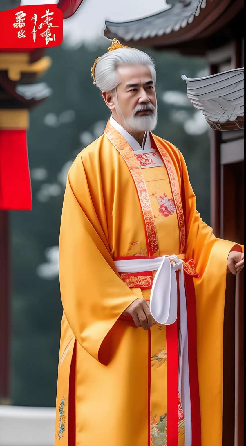 Masterpiece, Highest quality, (solofocus),, (High detail: 1.1),dojo,Red and yellow robes,The male, Man, chinese crown, 1人,and white hair,超高分辨率 , Detailed background, realisticlying, wearing a detailed and intricate xianxia antique outfit
