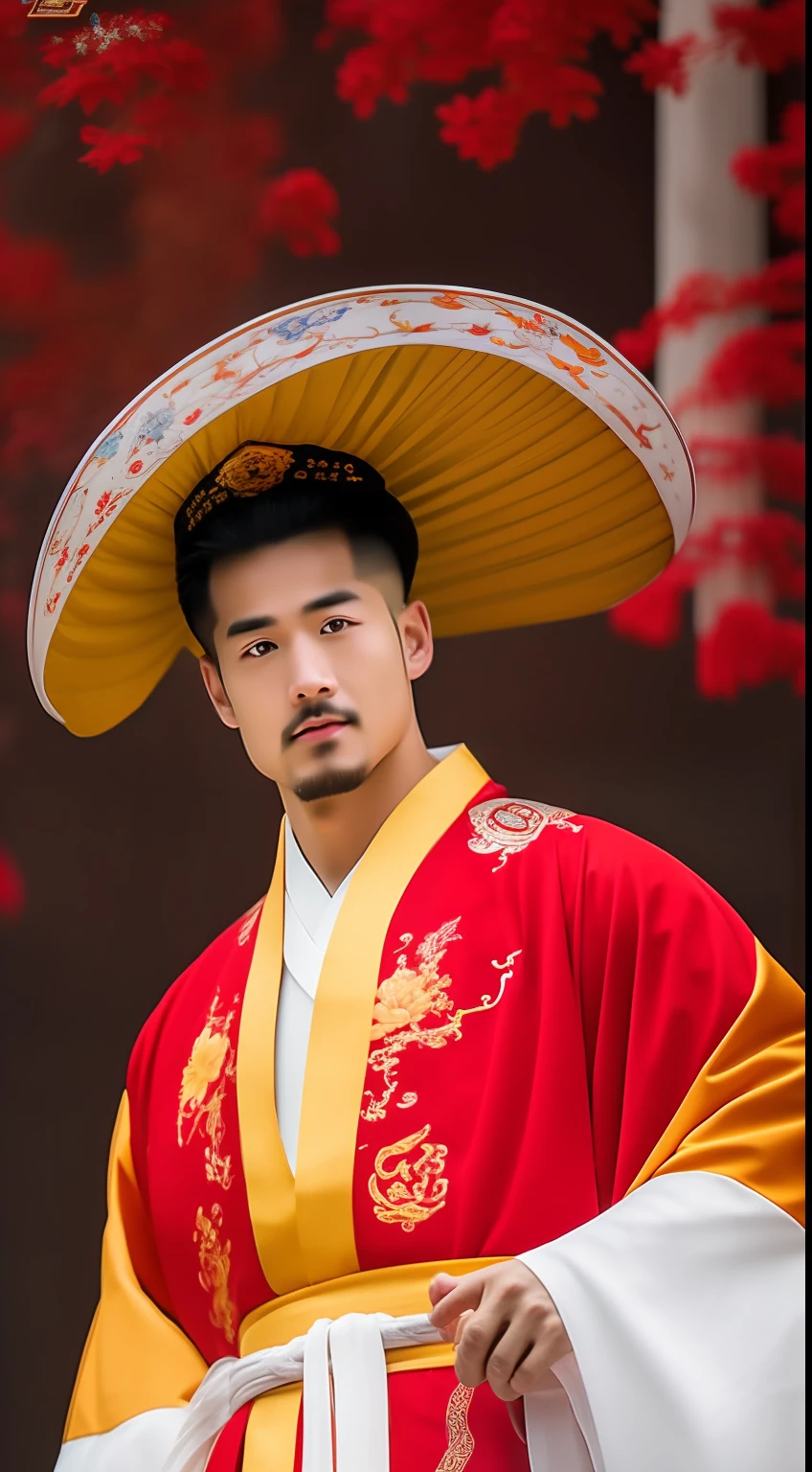 Masterpiece, Highest quality, (solofocus),, (High detail: 1.1),dojo,Red and yellow robes,The male, Man, chinese crown, 1人,and white hair,超高分辨率 , Detailed background, realisticlying, wearing a detailed and intricate xianxia antique outfit