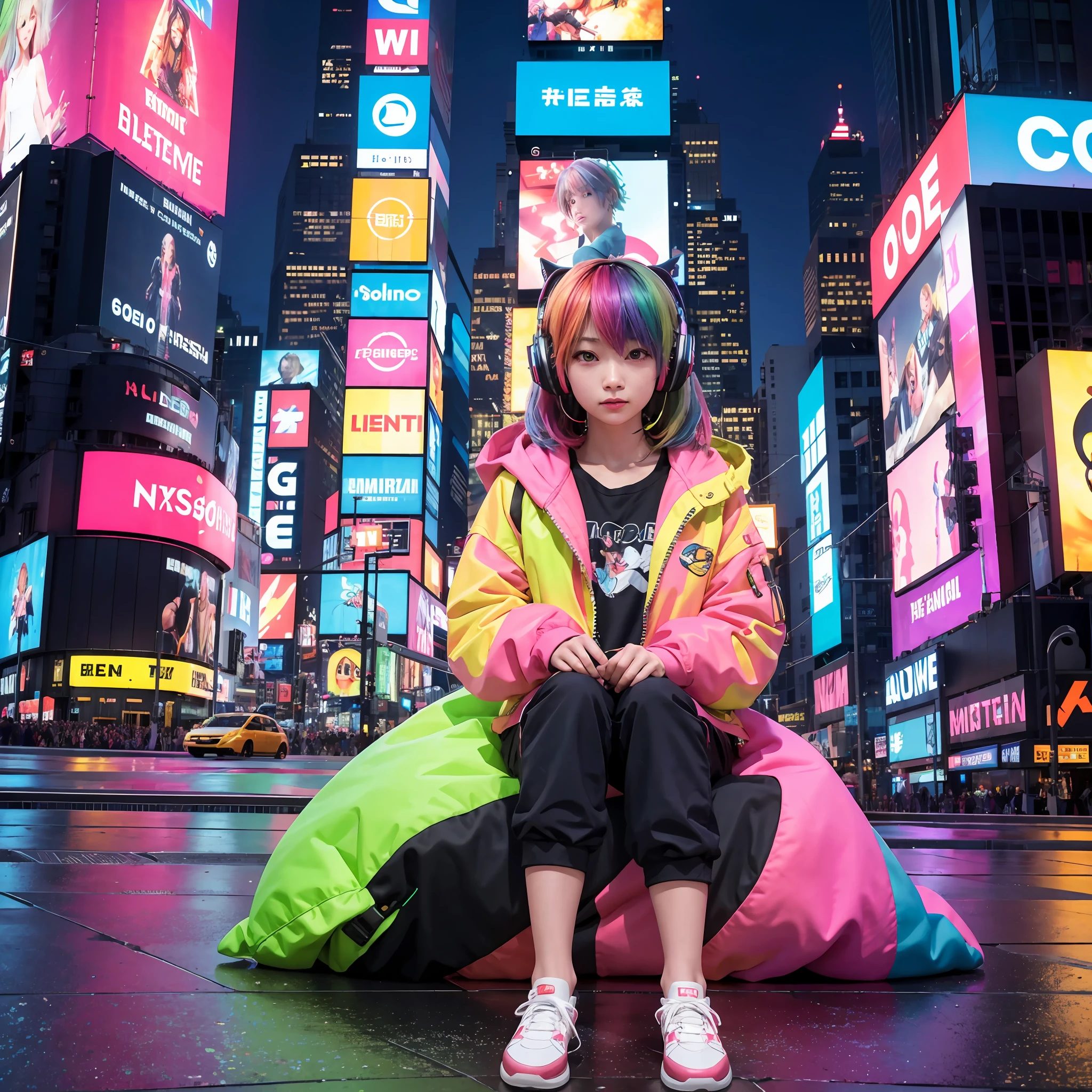 (in 8K、RAW Photos、top-quality、masterpiece:1.2)、(realisitic、Photorealsitic:1.37)、ultra-detailliert、超A high resolution、1girl、独奏、rainbow hair、parka、espadrilles、straight haired、headphones、Long、(Sitting in the middle of the road)、natta、neons、Times square、cyberpunked、physically-based renderingt、cinematlic lighting、dynamic ungle
