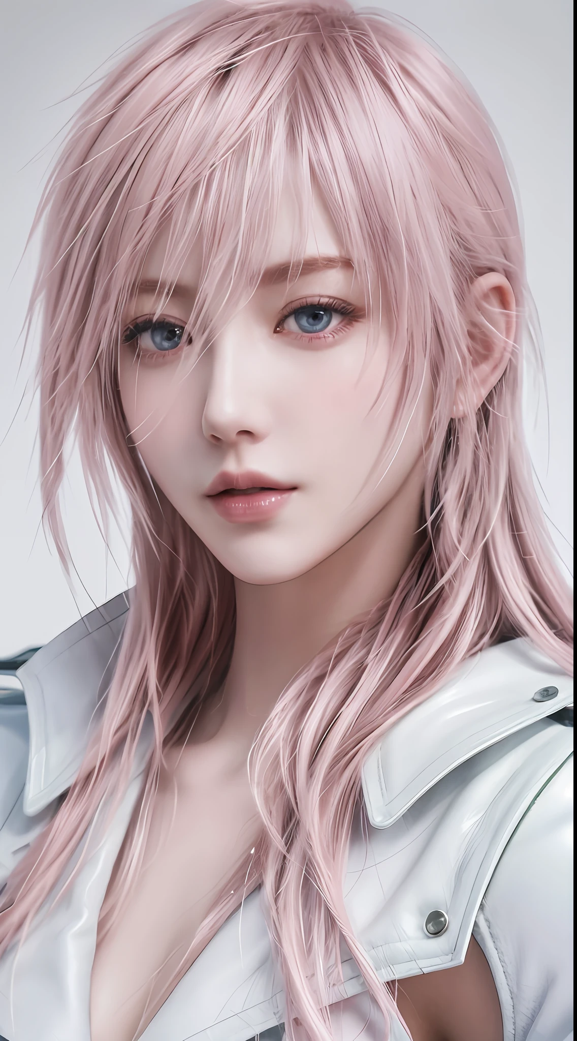 masterpiece, highest quality, RAW, analog style, A stunning half body portrait of a beautiful woman,  pink hair, pale skin, vibrant blue eyes, wearing white leather jacket, focused expression, (highly detailed skin, skin details), sharp focus, 8k UHD, DSLR, high quality, film grain, Fujifilm XT3, intricate details, highly detailed, cluttered and detailed background