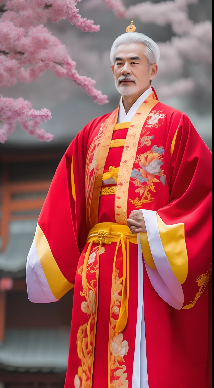 Masterpiece, Highest quality, (solofocus),, (High detail: 1.1),dojo,Red and yellow robes,The male, Man, chinese crown, 1人,and white hair,超高分辨率 , Detailed background, realisticlying, wearing a detailed and intricate xianxia antique outfit