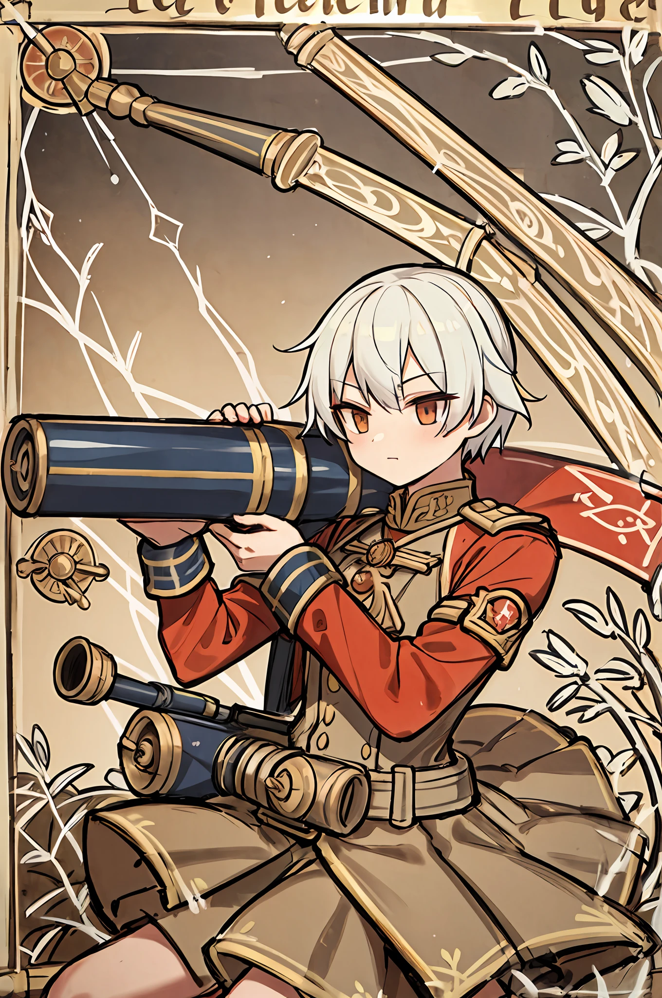 artillery, mortar, cannon, by bestiary_style, masterpiece, best quality, perfect arms, perfect hands, gunner, uniform with medals, hands holding bazooka,