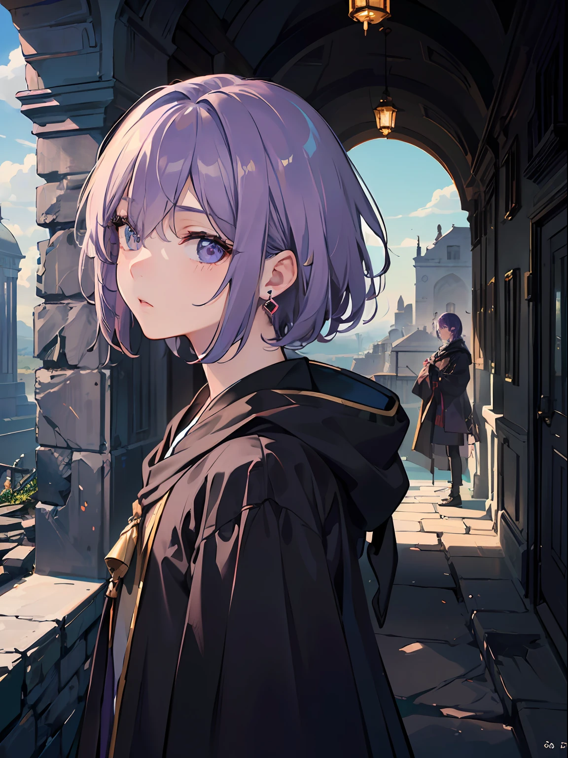 (Little 1 Boy,Androgynous boy,Alone,Solo,grey eyes,Right above one eye),(Best Quality,Hyper Detailed:1.5),(bob cuts,Hair purple hair,Right above one eye,sleeves past wrists:1.2),(Half empty_Closed eyes,Jitome,Closed mouth),(Insanely detailed cloth,Dark purple wizard robes and jewelry:1.2),more_Details:1,BREAK,(1boy,Solo),(absurderes, Upper body,Insanely detailed portrait,Intense angle,Expressive,Ultra-detailed,extremely delicate and beautiful),(perfect detailed eyes),(Beautiful Landscapes,8K),(incredible detailed,delicate and intricate hair,Detailed complex cloth),(shiny,clothes reflecting light),(Magnificent view,Scenery,In the ruins),