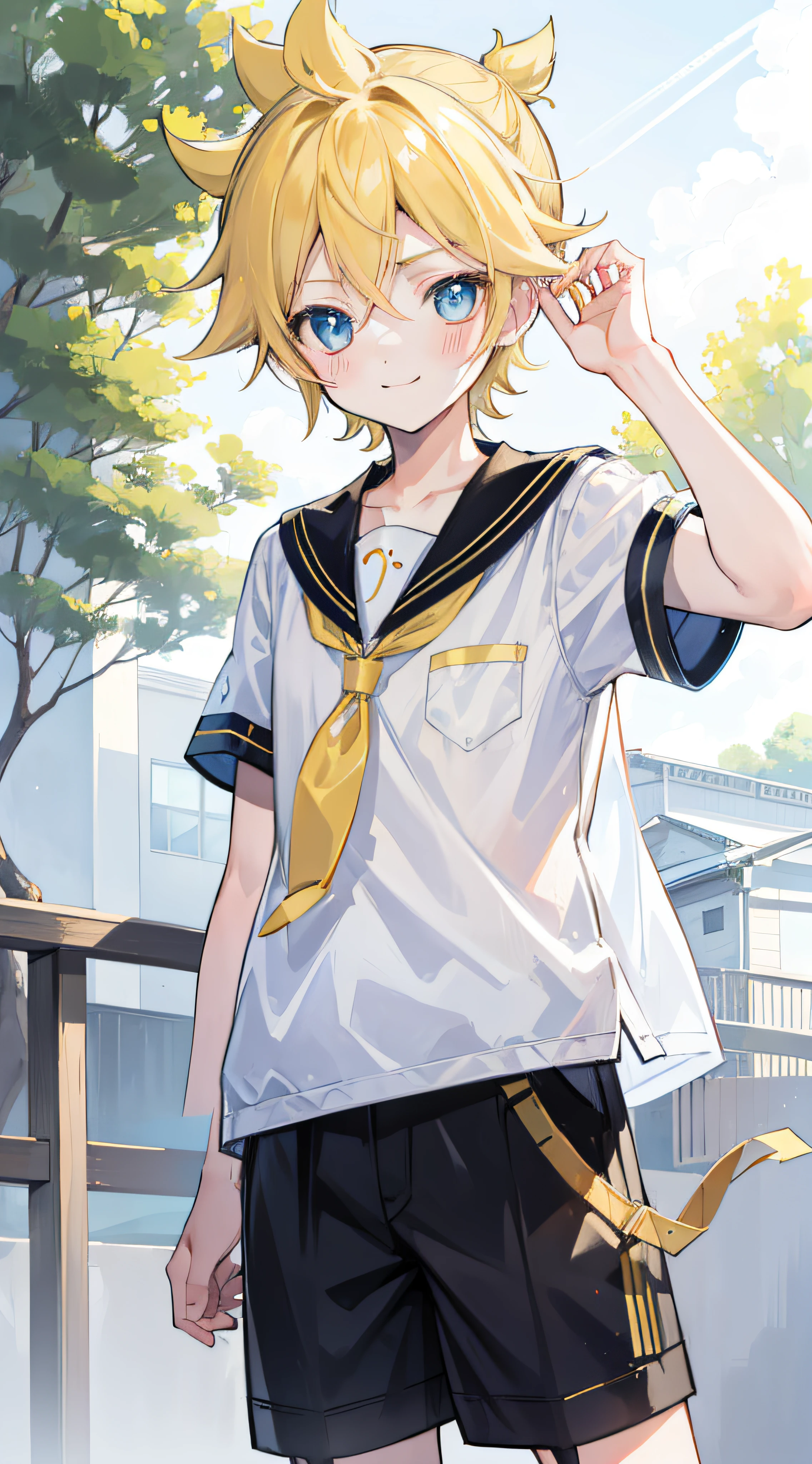 one boy, (Kagamine_Len), cowlick, cute face, beautiful eyes, sailor uniform, black short pants, cowboy shot, look at you, boy loves you, shy, blush, happy, your boyfriend, standing, outdoor, character focus, active boy, gently smile, cool, male model