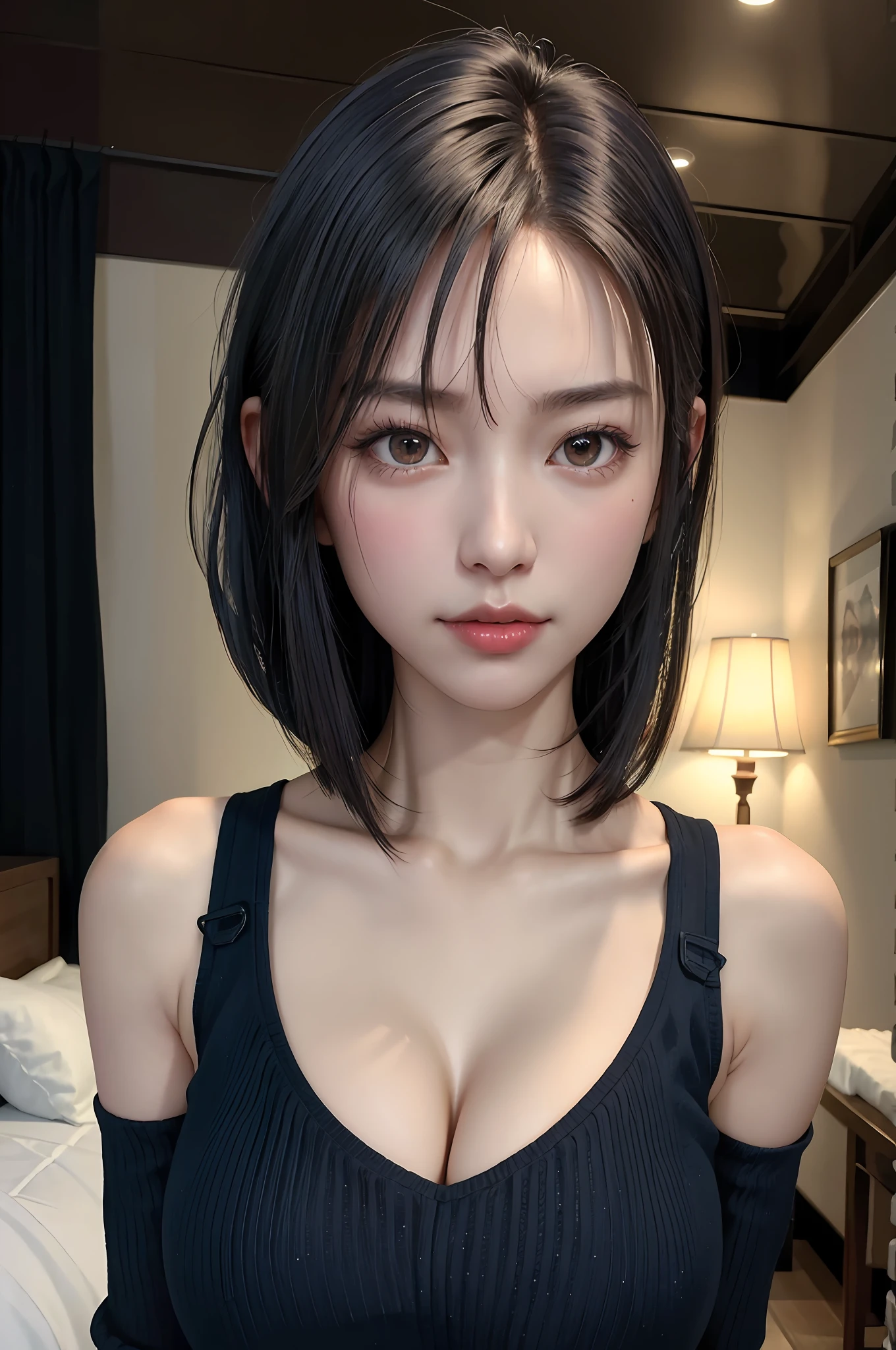 (tmasterpiece), (8K, Photorealistic, RAW photo, Best quality), (1girll), Long legs,Posture seduction,Beautiful face, (Realistic face), (Black hair, Short hair:1.3), 比基尼,Nice hairstyle,photorealistic eye,Nice detail eyes,(Realistic skin),Beautiful skins,(Navy blue sweater),absurderes,Attractive,超高分辨率,Ultra photo realsisim,highly detailed,the golden ratio,darkly,edge lit,big breasts exposed cleavage,cleavage