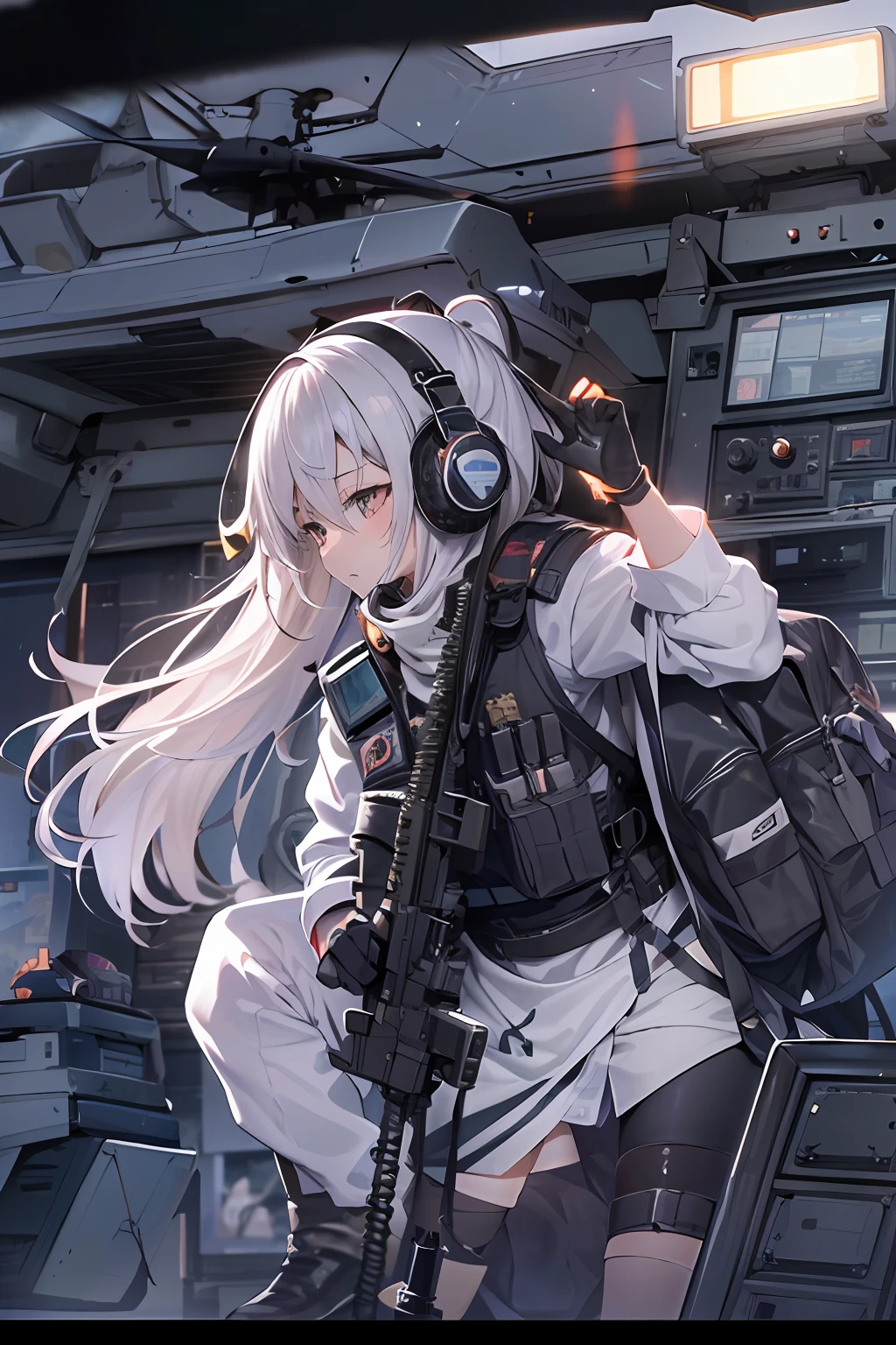 （tmasterpiece, best qualtiy,style of anime，a sense of atmosphere，karo，nigth)（teens girl，white color hair，Black helmet，Black body armor，Wear tactical headphones，Wear a tactical mask，closeup cleavage）(In the background, a helicopter gunship about to take off at night)