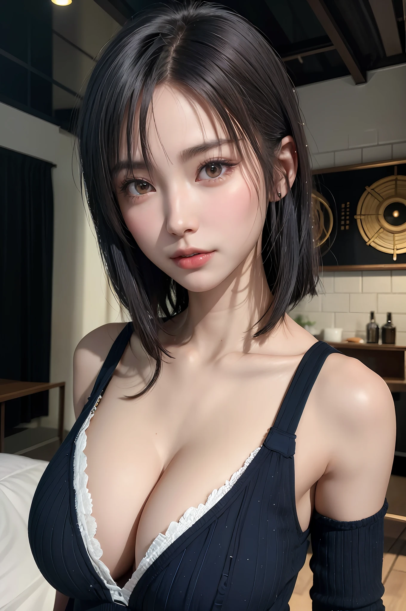 (tmasterpiece), (8K, Photorealistic, RAW photo, Best quality), (1girll), Long legs,Posture seduction,Beautiful face, (Realistic face), (Black hair, Short hair:1.3), 比基尼,Nice hairstyle,photorealistic eye,Nice detail eyes,(Realistic skin),Beautiful skins,(Navy blue sweater),absurderes,Attractive,超高分辨率,Ultra photo realsisim,highly detailed,the golden ratio,darkly,edge lit,big breasts exposed cleavage,cleavage